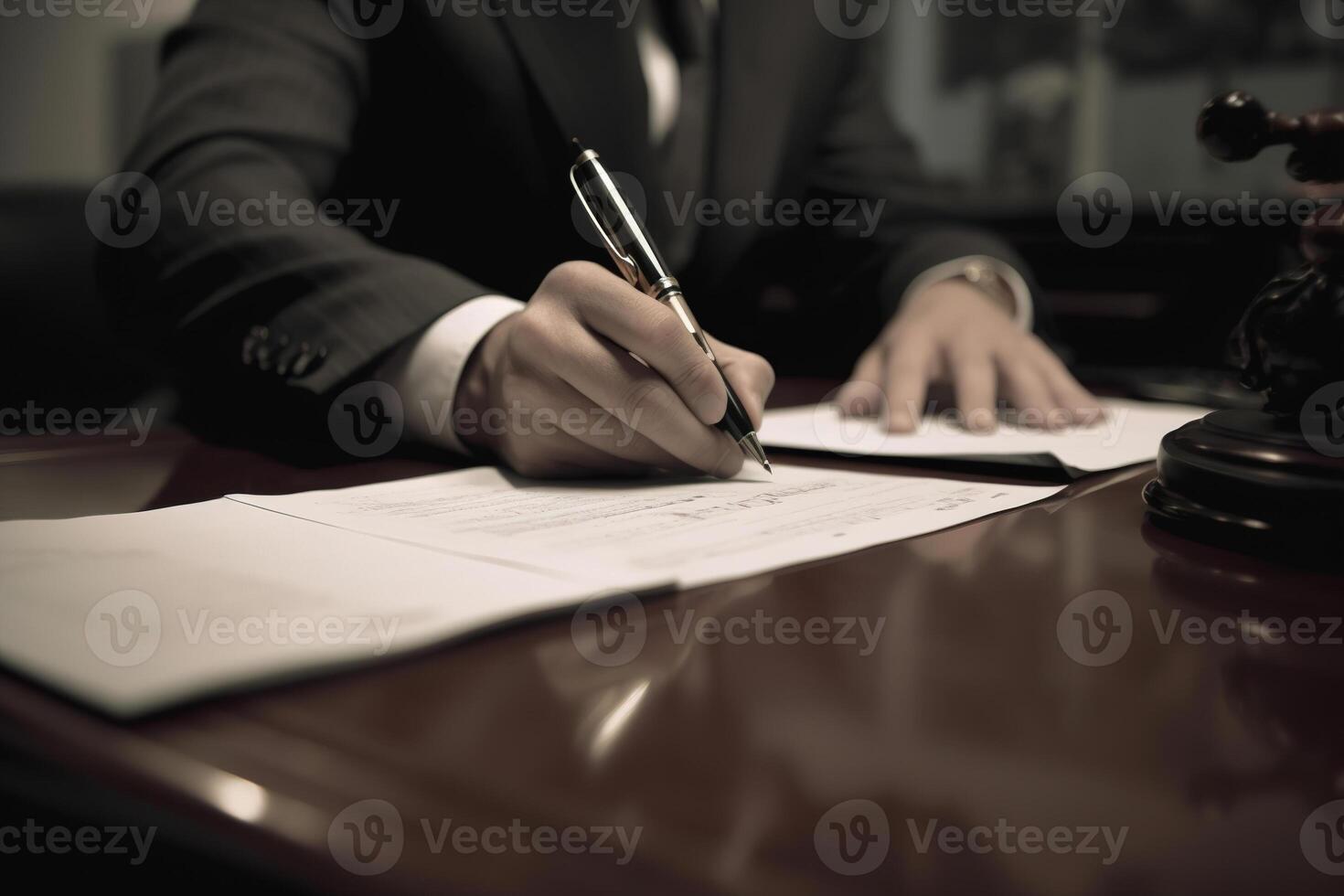 ai generado de cerca de un trabajando empresario escritura en papel en el oficina, mano participación un bolígrafo y firma un contrato. negocio concepto foto