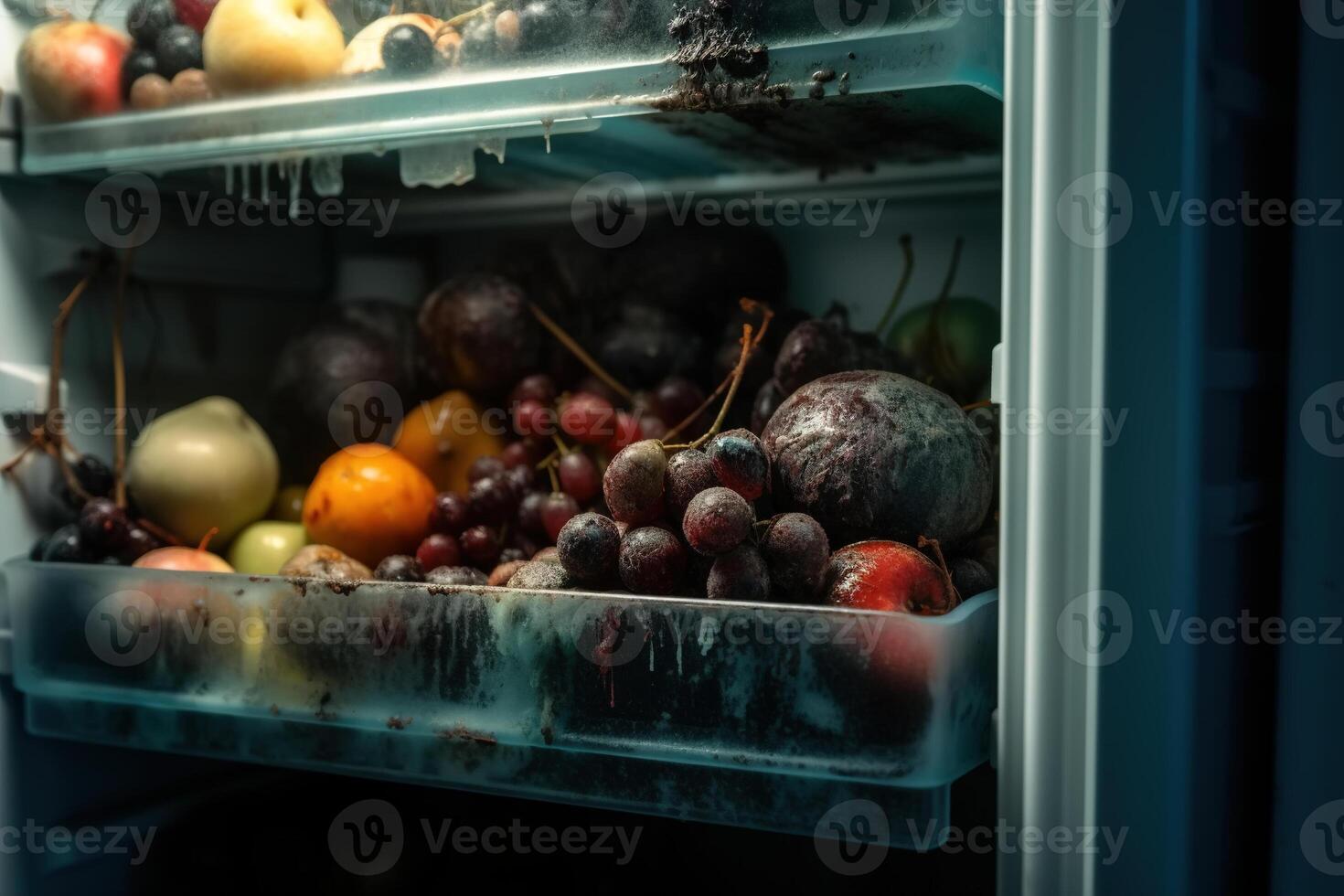 AI generated Mold on food in the refrigerator, close-up of rotting into fruits and harmful dangerous spores of fungi bacteria photo