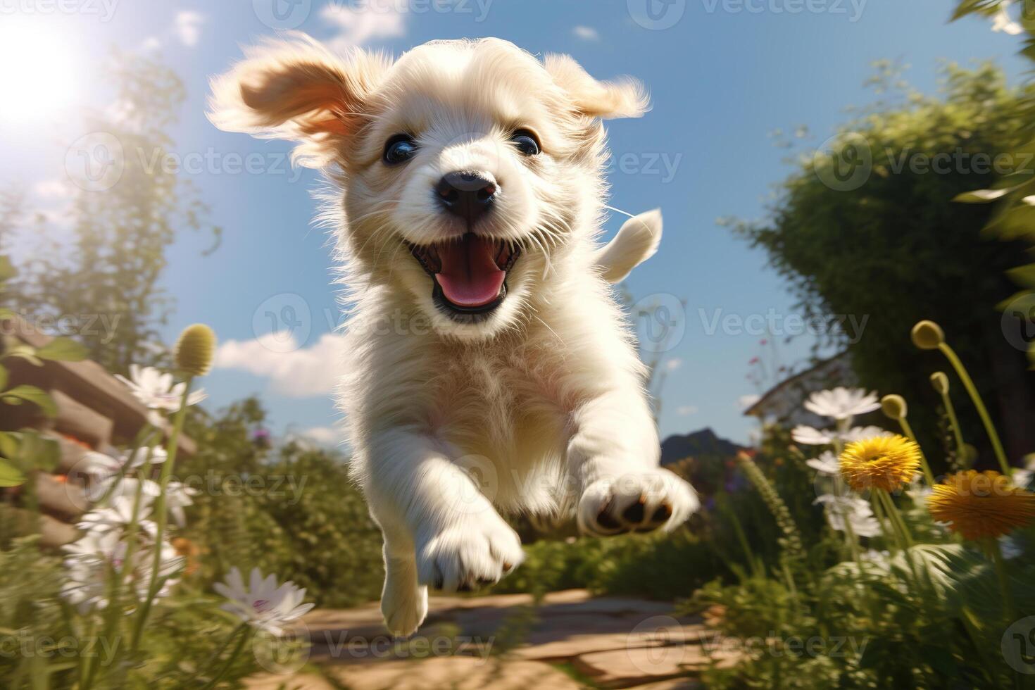 AI generated Funny cheerful puppy playing outdoors. Close-up of white playful fluffy pet dog running in garden on sunny summer day photo