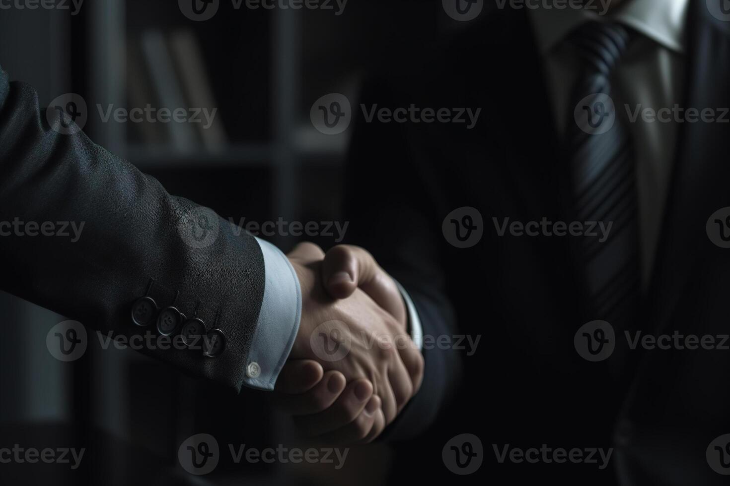 AI generated Close-up of business people in suits, colleagues or partners shaking hands indoors, selective focus. Deal, partnership, conclusion of a contract, business acquaintance concept photo