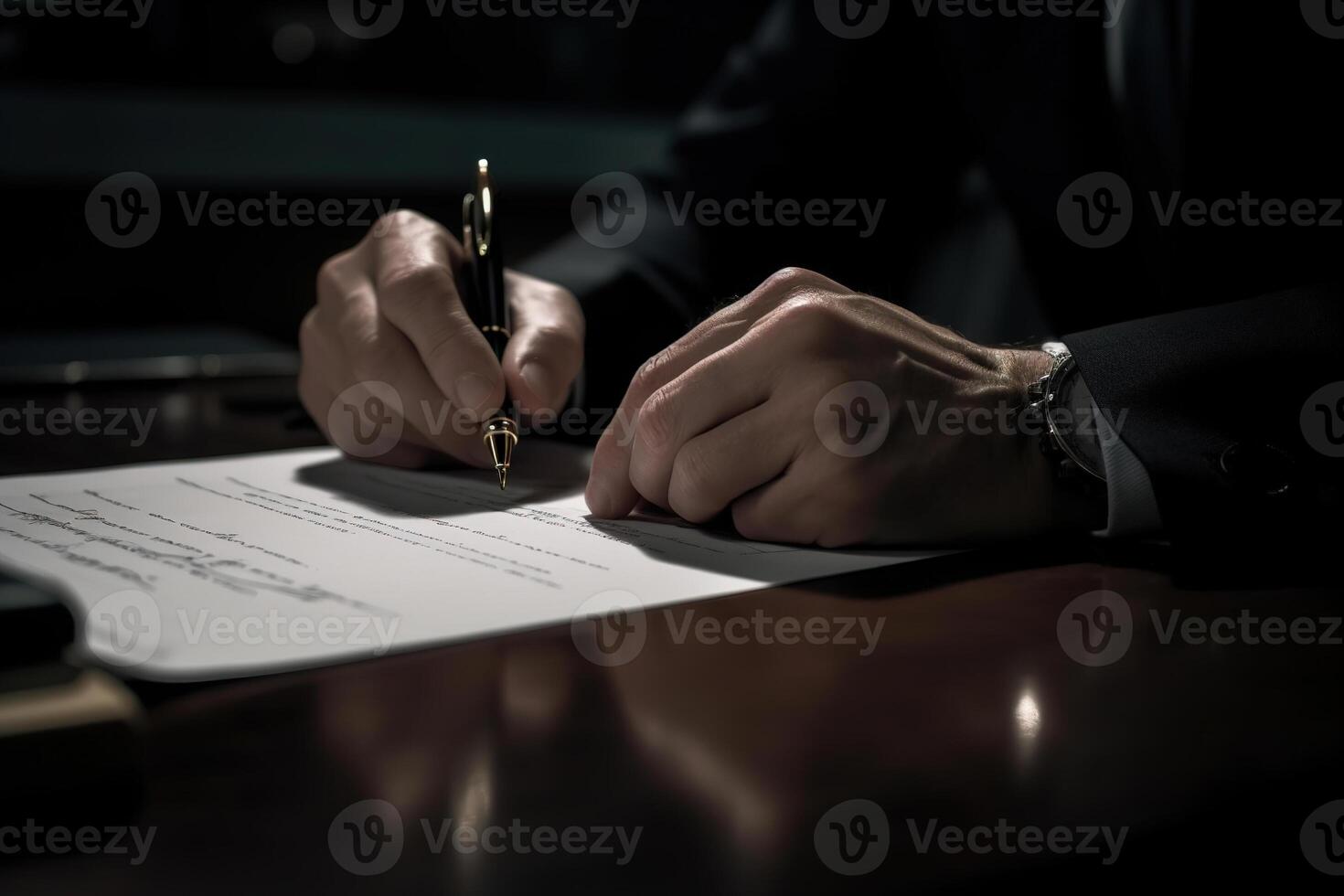 AI generated Contract, deal, business concept. Close-up of a businessman's hand in a suit holding a pen and signing a document at the table in the office photo