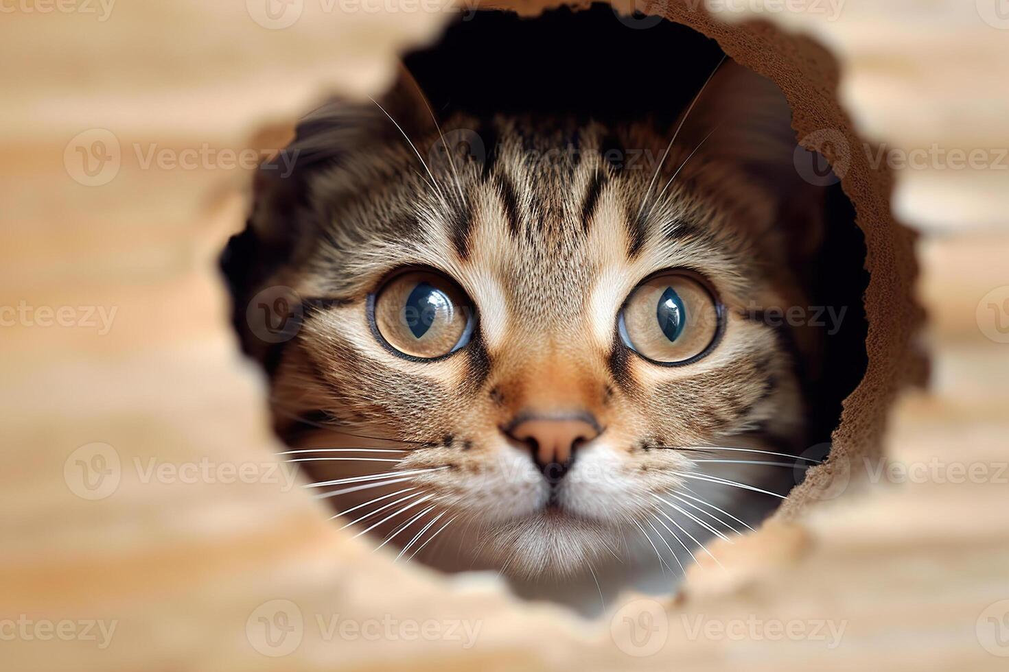 AI generated Funny cute cat peeking through a hole photo