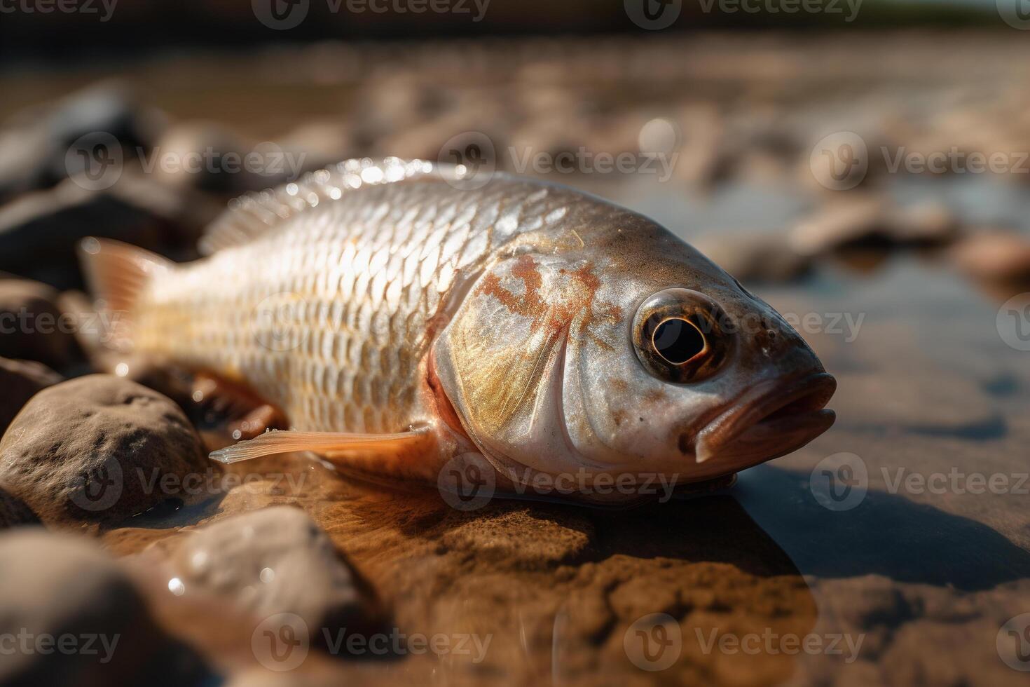 AI generated Drought, nature and wild life disaster. Close-up of a fish lying on a dry river or lake photo
