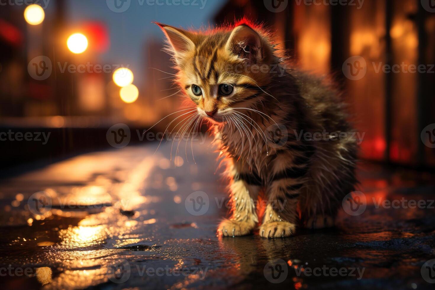 ai generado mojado triste sufrimiento jengibre gatito al aire libre, solitario Vagabundo animal gato a noche foto