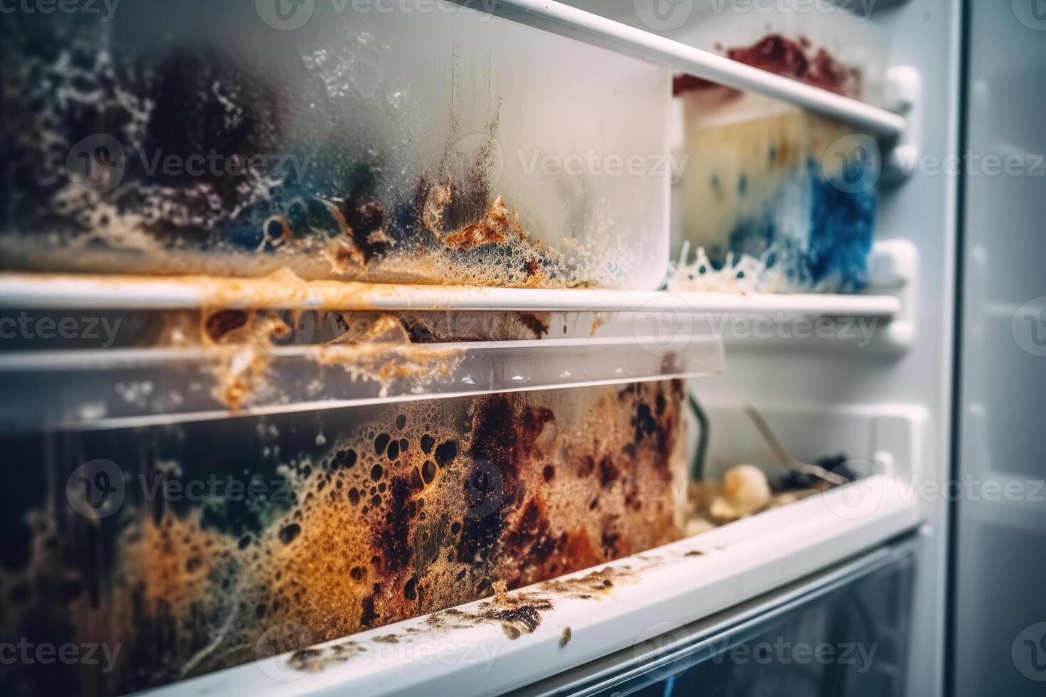 AI generated Mold in the refrigerator, close-up molds on the shelf photo