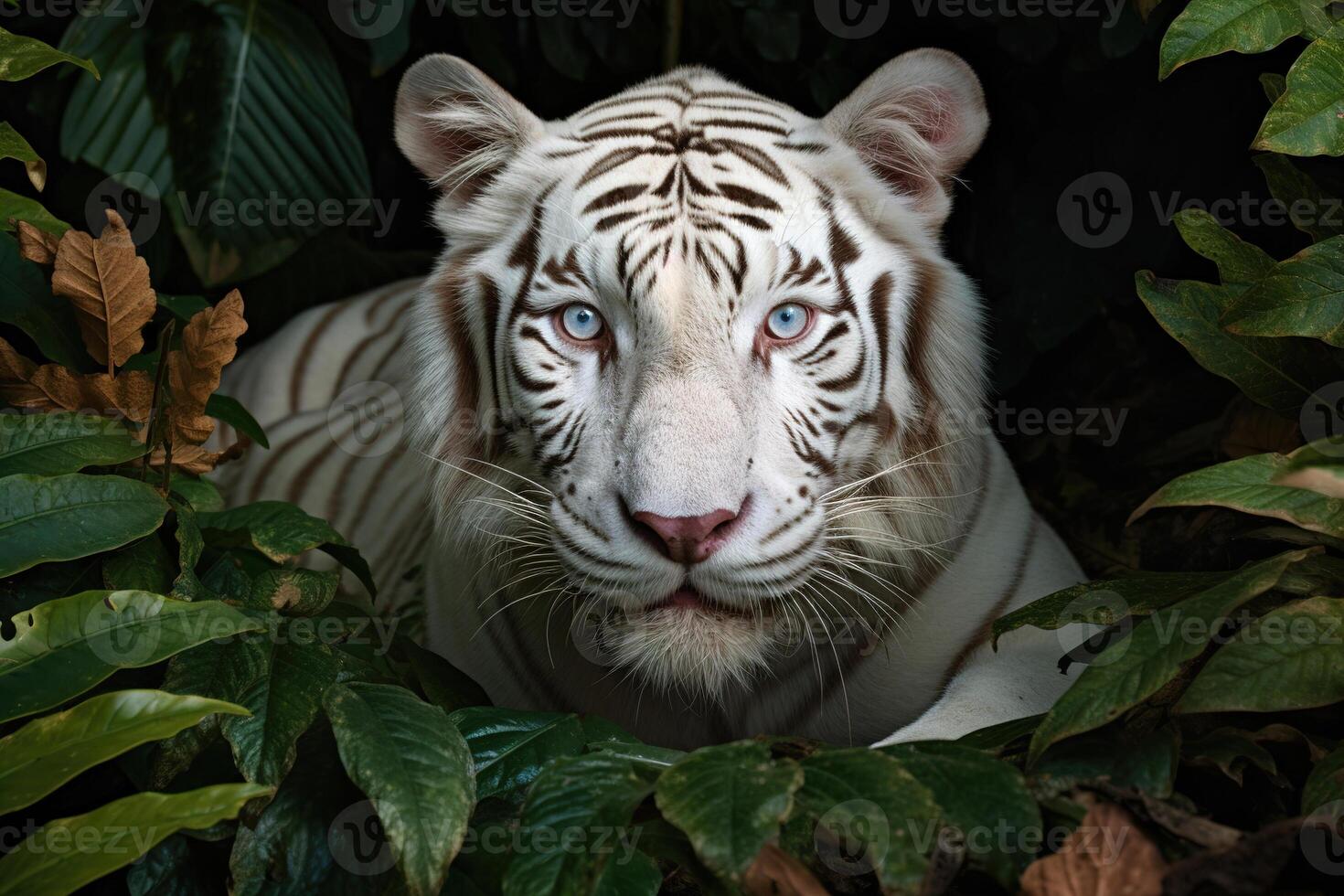 AI generated Albino tiger with white fur lying in the forest and looking at the camera. Portrait of a rare exotic animal in nature photo