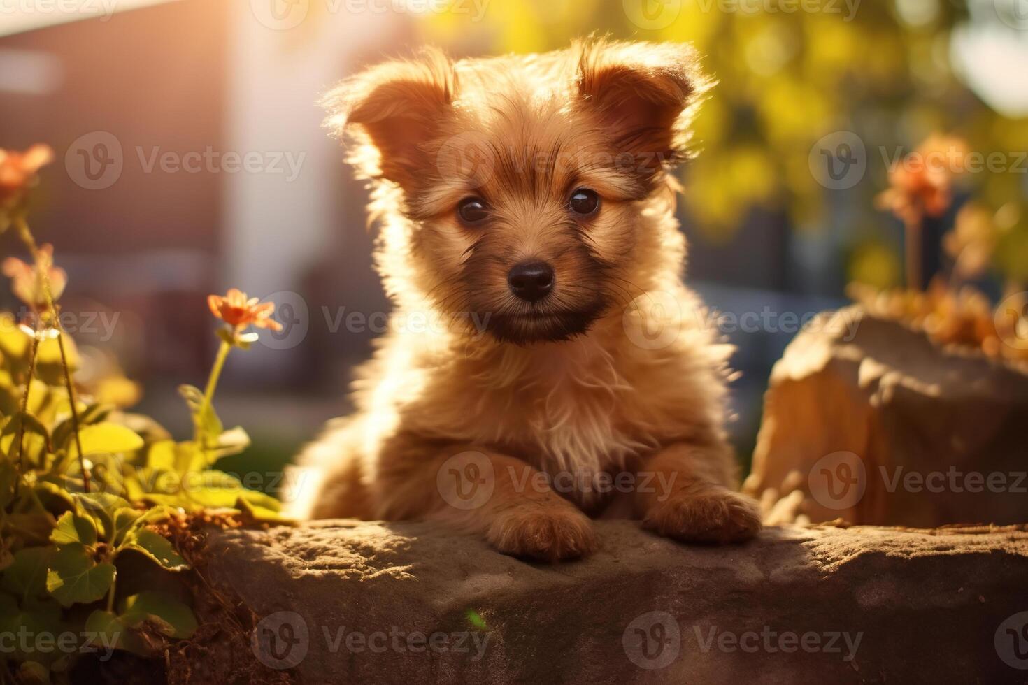 AI generated Animal portrait, cute brown puppy in the garden on a sunny day looking at camera photo