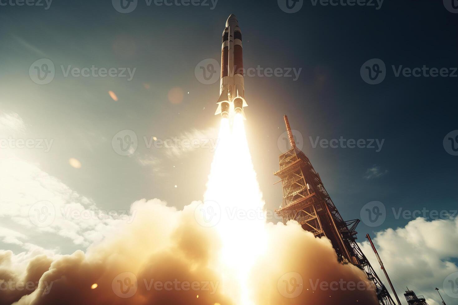 AI generated Space exploration, spaceship with astronauts taking off into sky from launch pad. Flame, smoke, low angle view. Generative AI photo