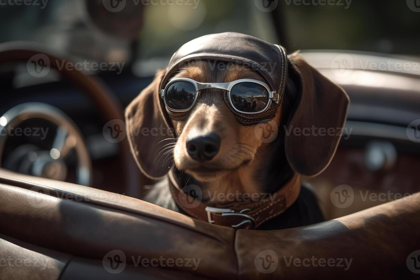 AI generated Cute purebred dachshund dog wearing sunglasses and hat riding in car and looking out outdoors, cool pet in convertible on road trip. Animal Generative AI photo