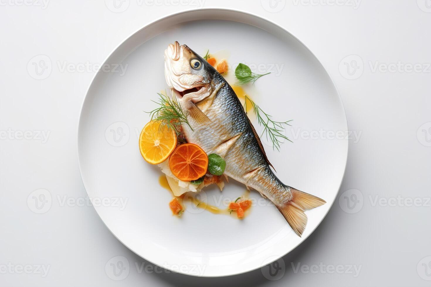 AI generated Fish dish. Top view cooked fish on white plate, minimalism table setting. Generative AI. photo