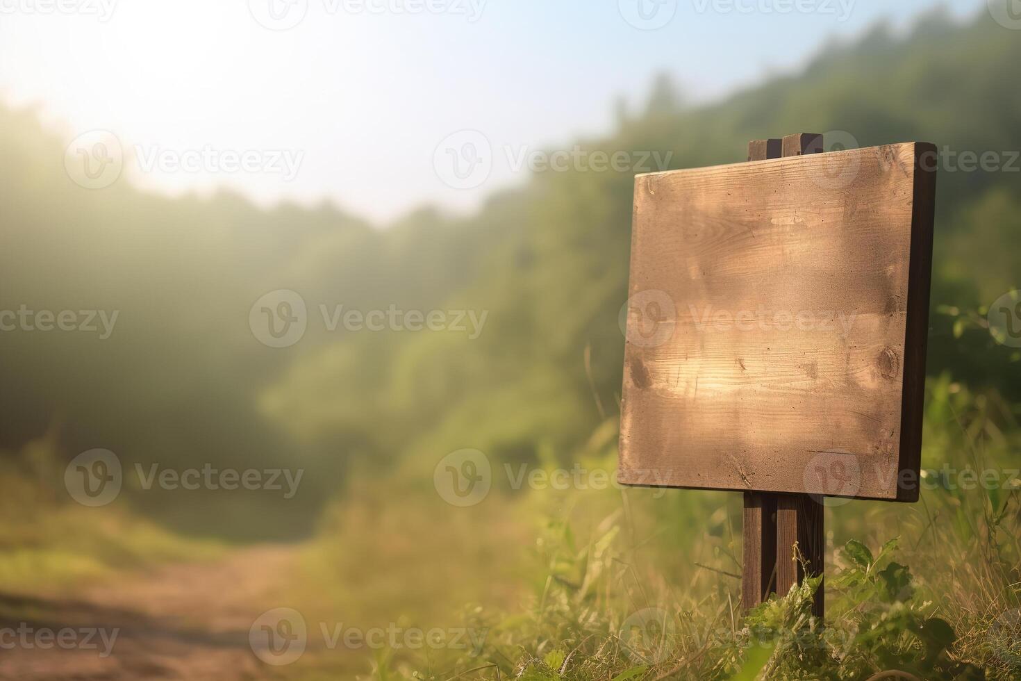 AI generated Wooden signpost with empty space for text set on a path near the forest, sunny day. Board signboard with copy space outdoors. Generative AI photo
