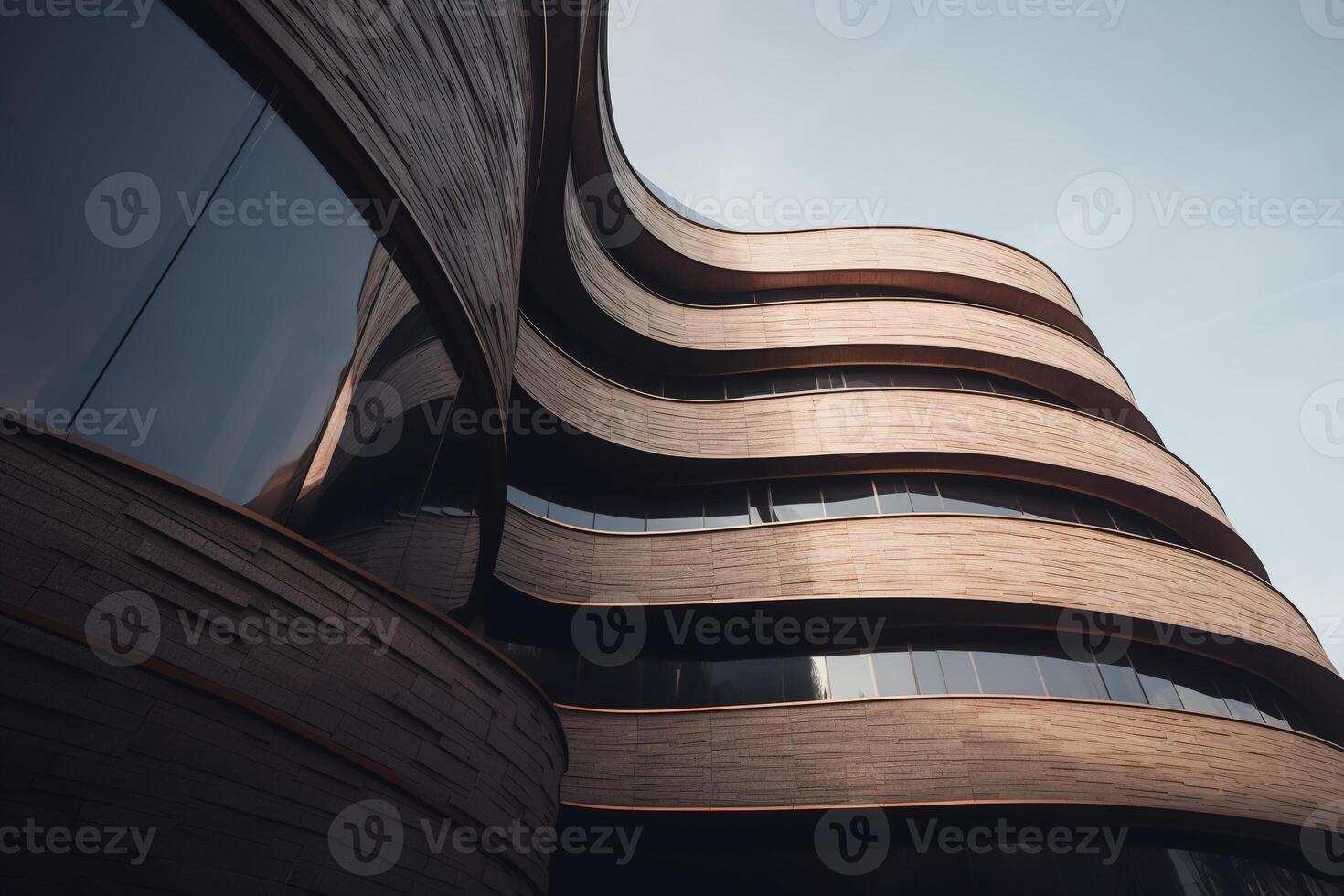 AI generated Modern architecture office wooden building, exterior. Futuristic smooth shape of the wall and windows against sky, outdoors. Generative AI photo