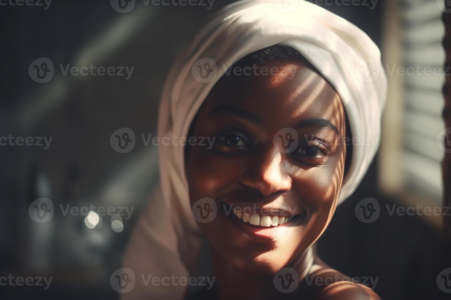 AI generated Hygiene self care, happy beautiful adult black woman with towel on her head in bathroom after shower looking at camera. Generative AI female portrait photo