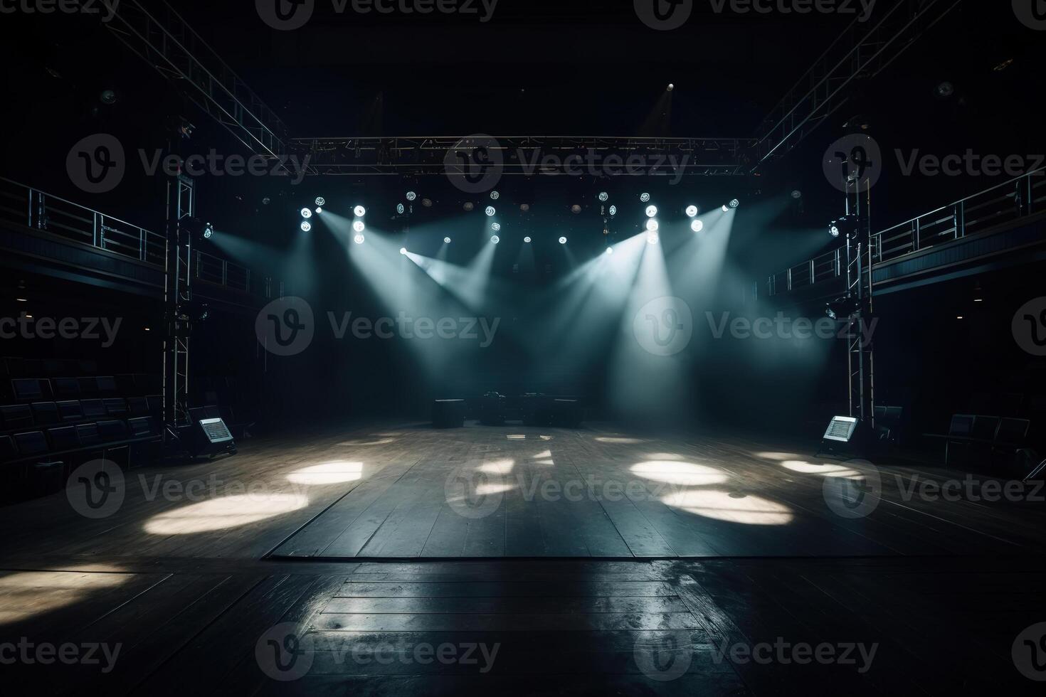 AI generated Concert hall, wooden empty stage illuminated by spotlights, chairs. Generative AI photo