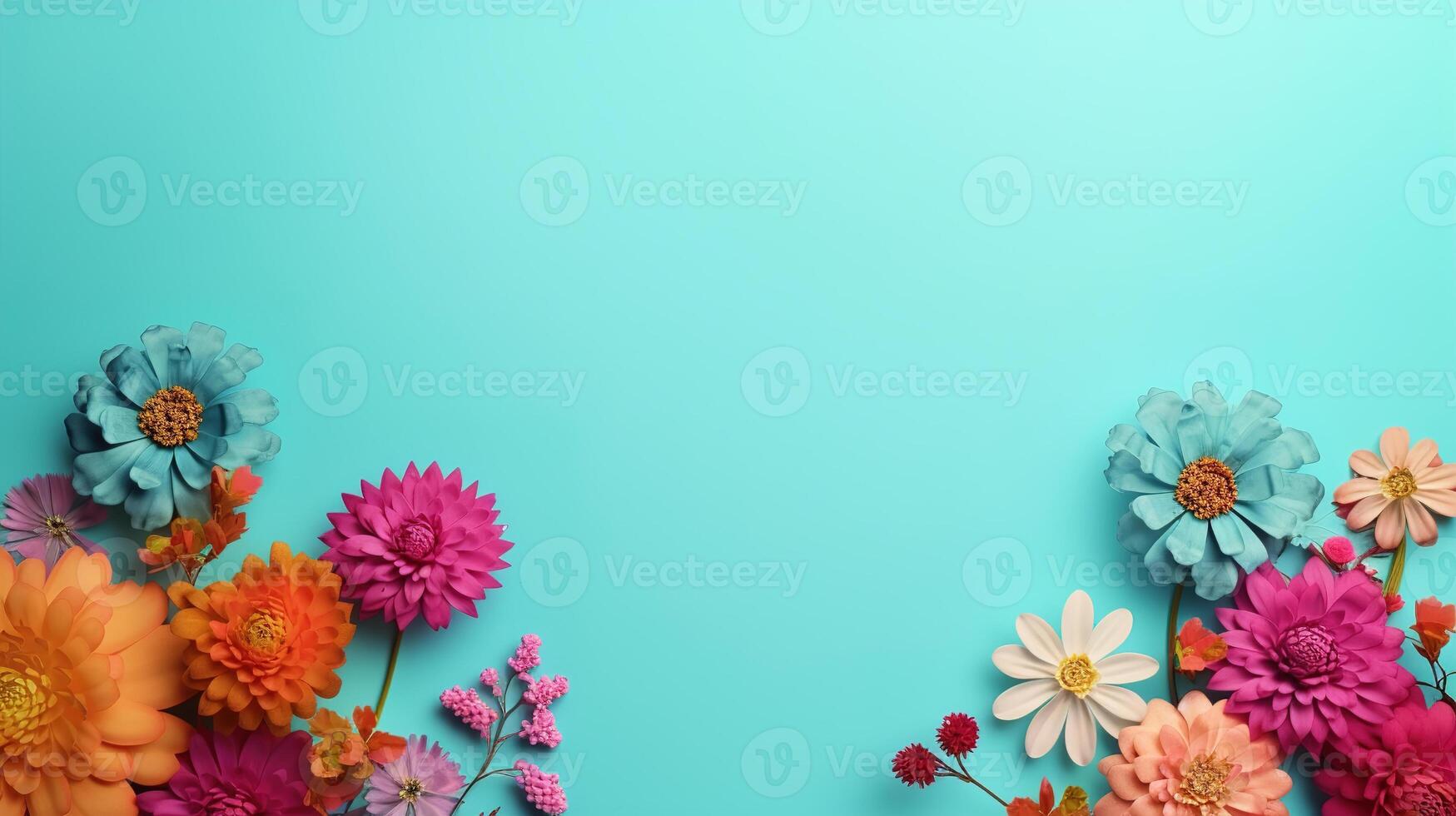 AI generated Celebration floral backdrop with copy space, frame colorful bouquet beautiful flowers on blue background. Generative AI photo