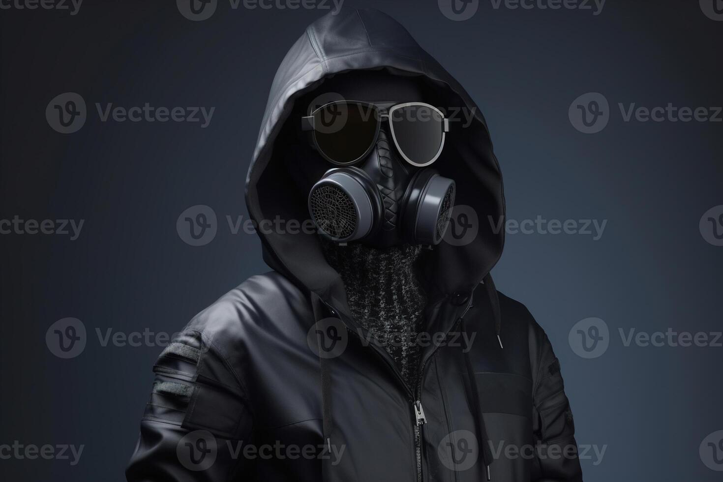 AI generated Unrecognizable stylish male model in glasses, gas mask and jacket with hood on dark. Modern creative post-apocalyptic fashion concept. Generative AI photo