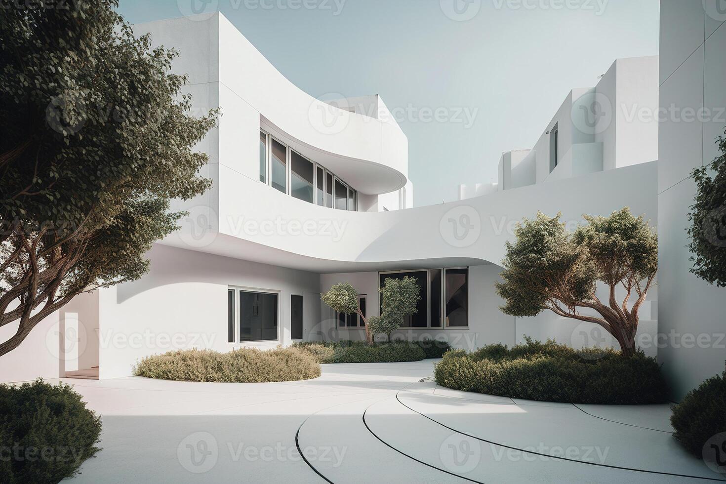 AI generated White private residential building appearance, architecture in style of minimalism. Generative AI photo