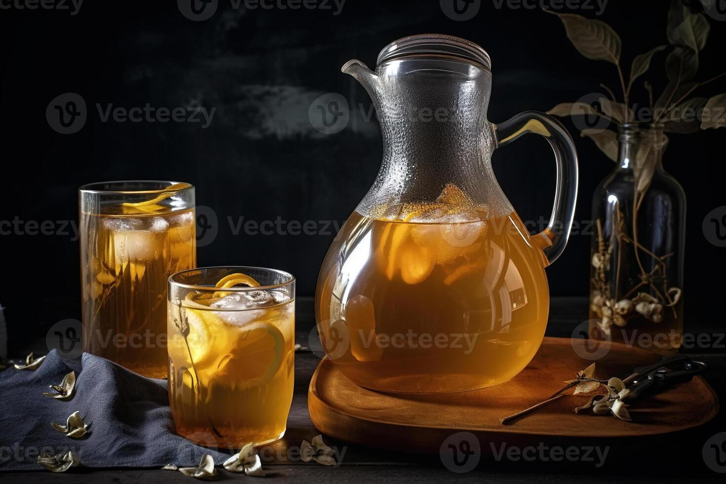 AI generated Hot maple earl gray tea in a jug and glass, drink still life. Generative AI photo