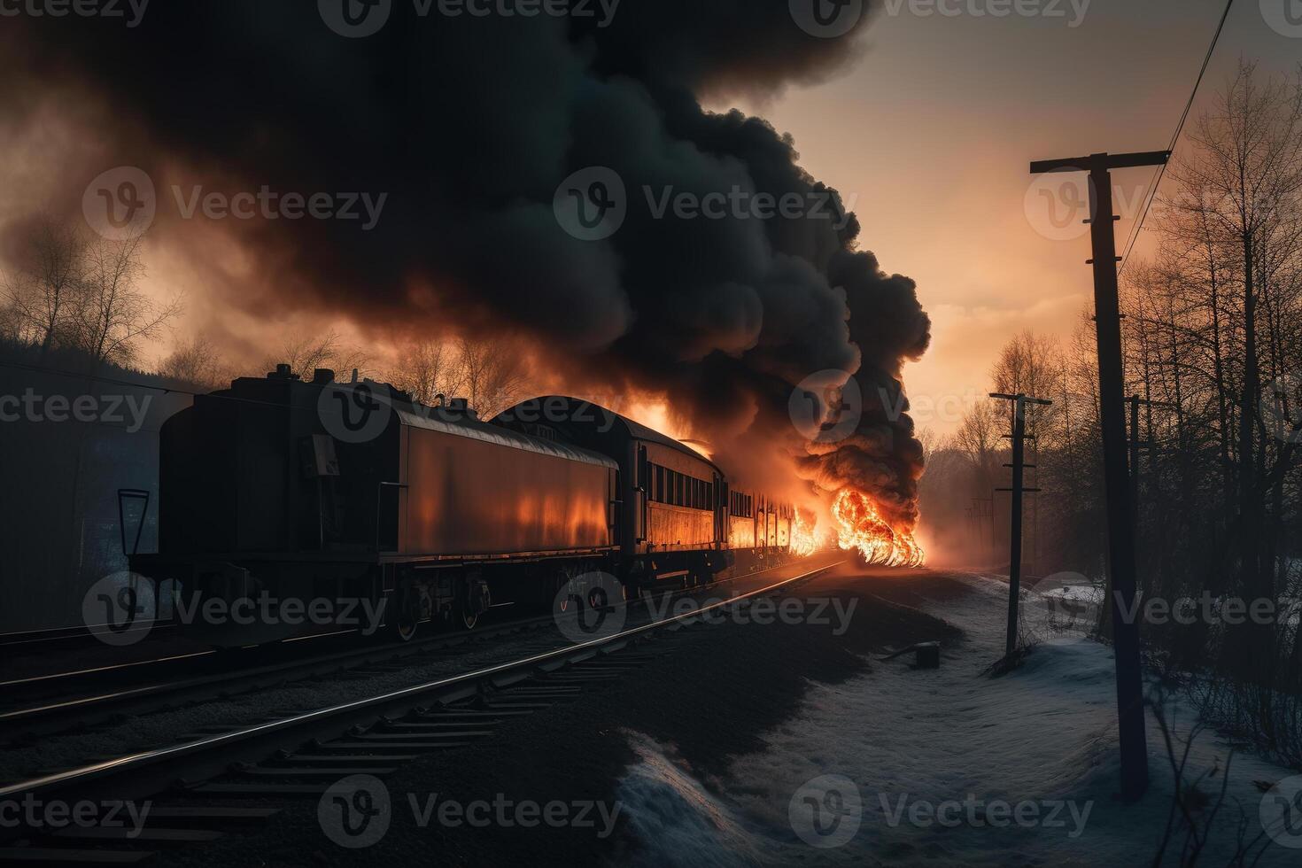 AI generated Burning train on rails, explosion and flames. Generative AI photo