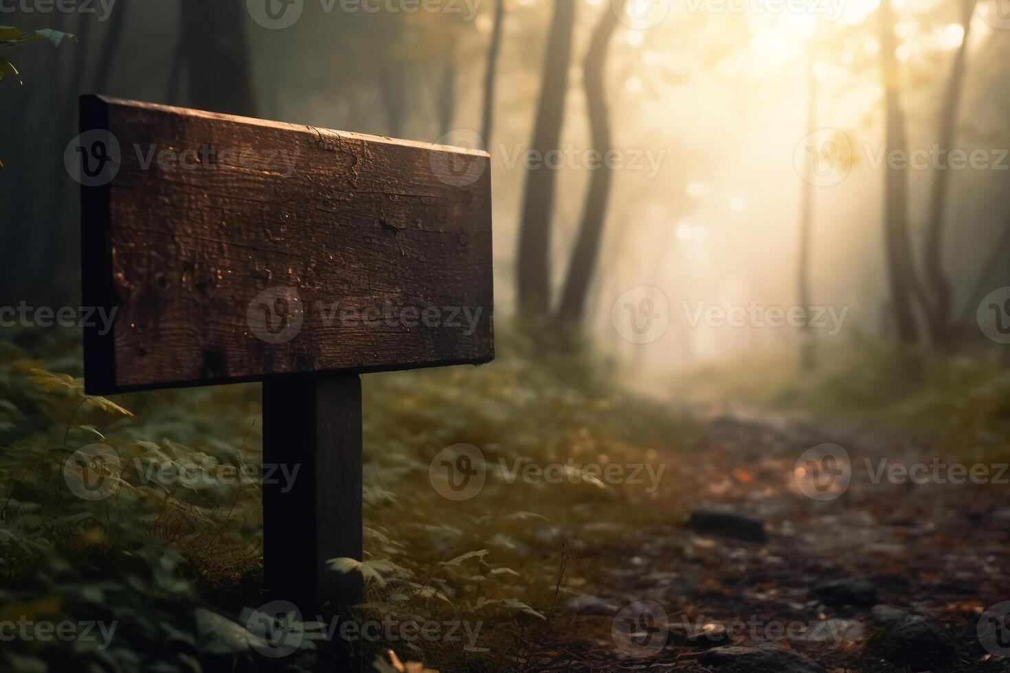 AI generated Old wooden sign board with empty space for text on a pole in the forest outdoors. Generative AI photo