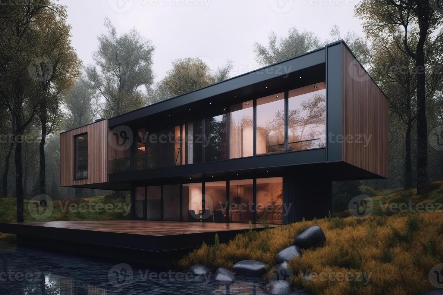 AI generated Modern country house with a terrace in the forest, exterior. Cottage by the water with stones, outdoors. Generative AI photo