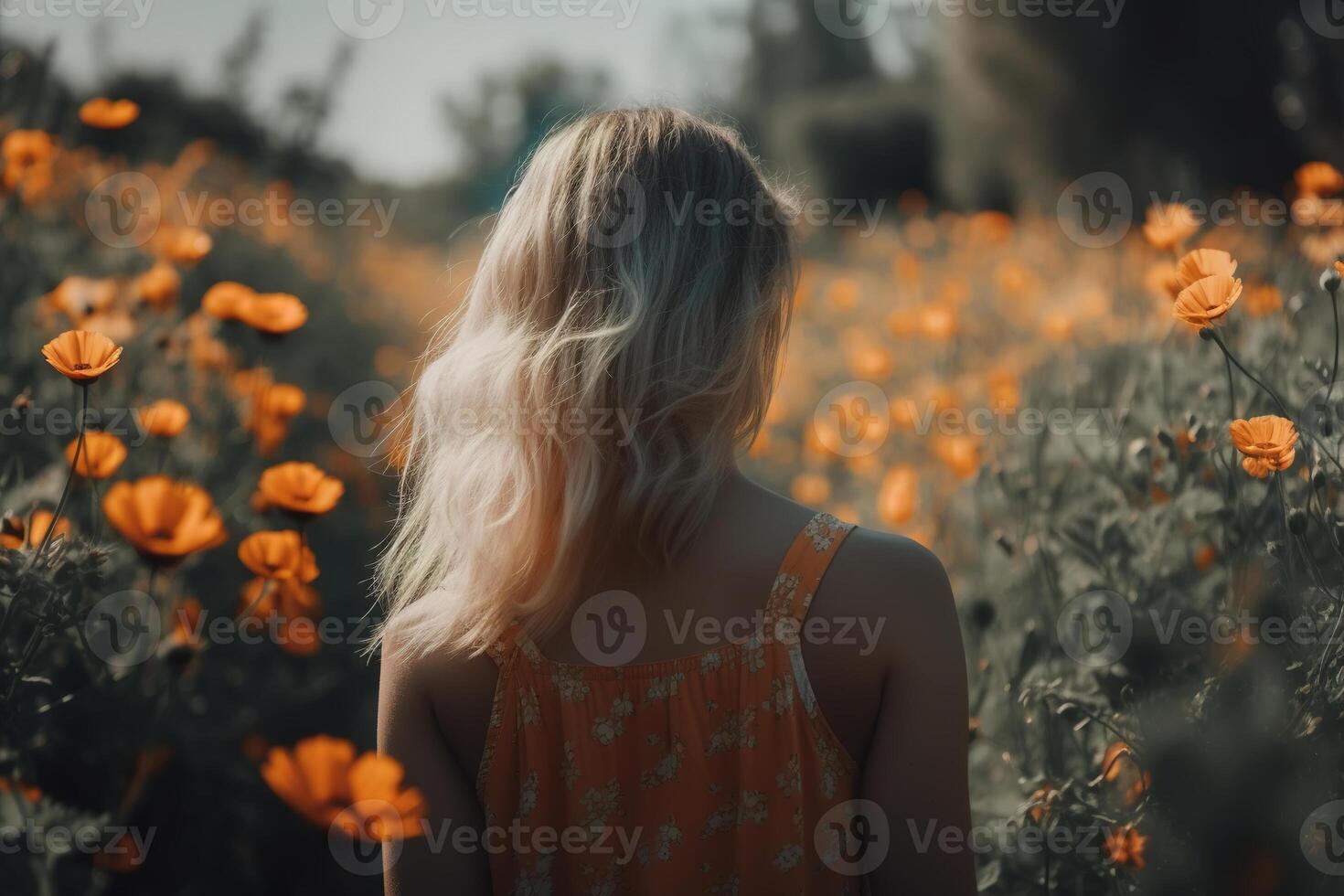 AI generated Cute caucasian young blonde woman in summer dress in field of blooming orange flowers, back view. Generative AI photo