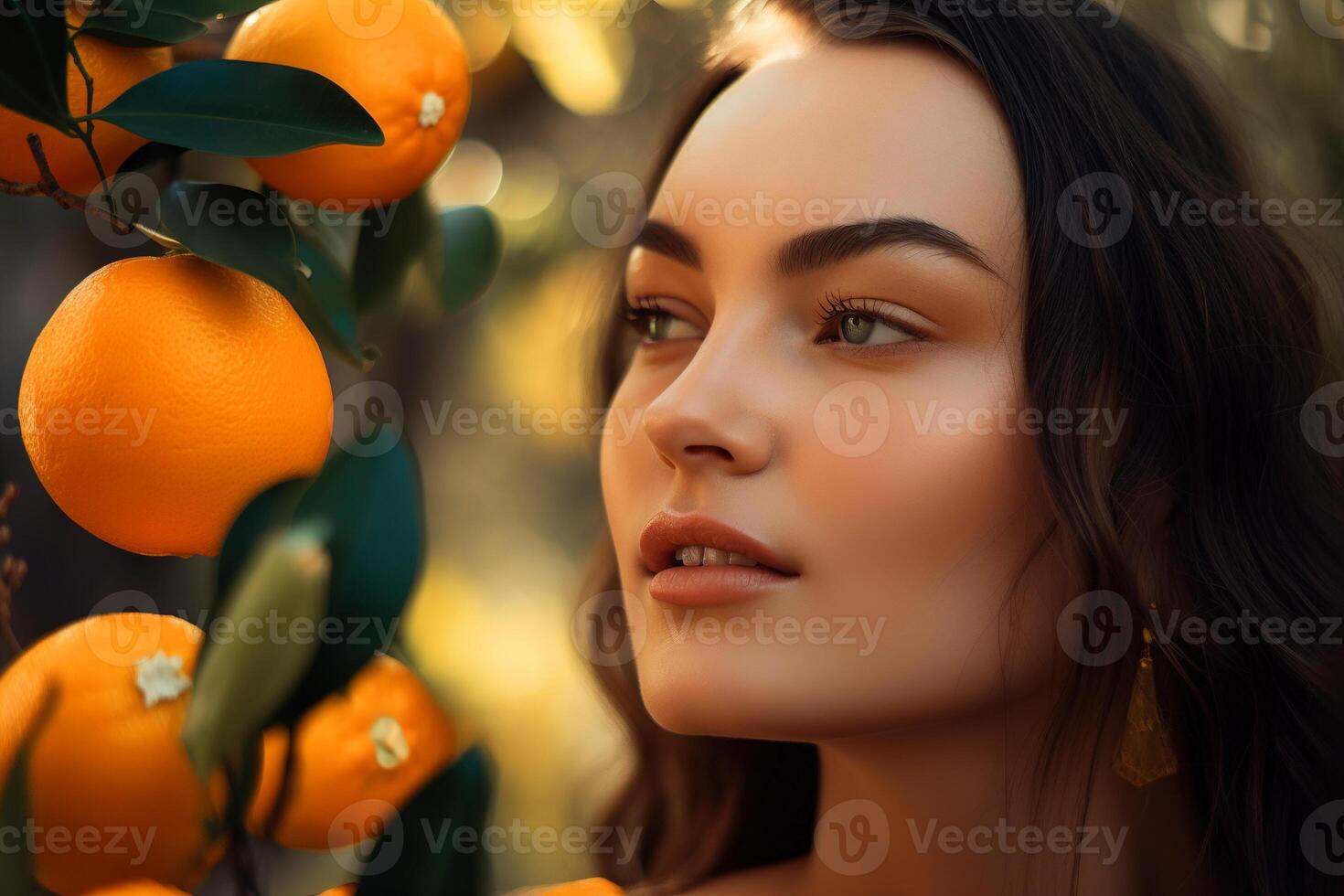 AI generated Beautiful cute caucasian young woman and orange tree with fruits. Portrait of a pretty model in a citrus garden on a sunny day. Generative AI photo