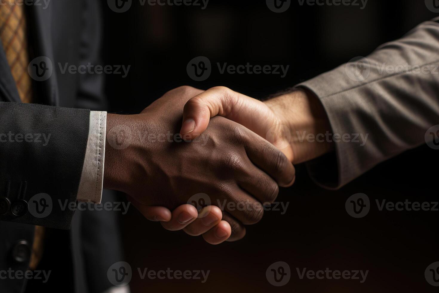 AI generated Partners or colleagues shaking hands, deal. Close-up black and caucasian hand shaking photo