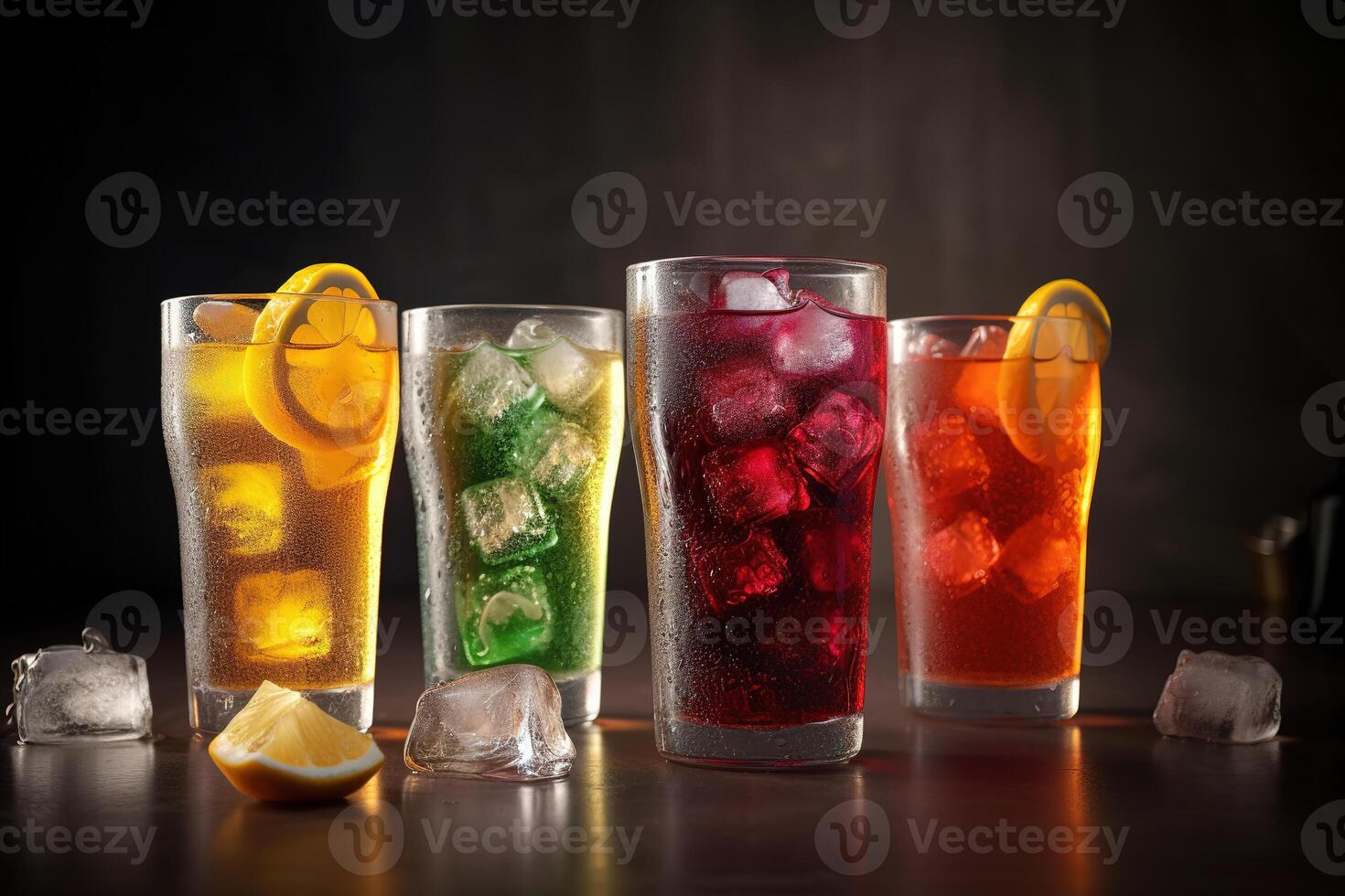 AI generated Set of fruit diet refreshing drinks in glass with ice. Detox lemonade or cocktail. Generative AI photo