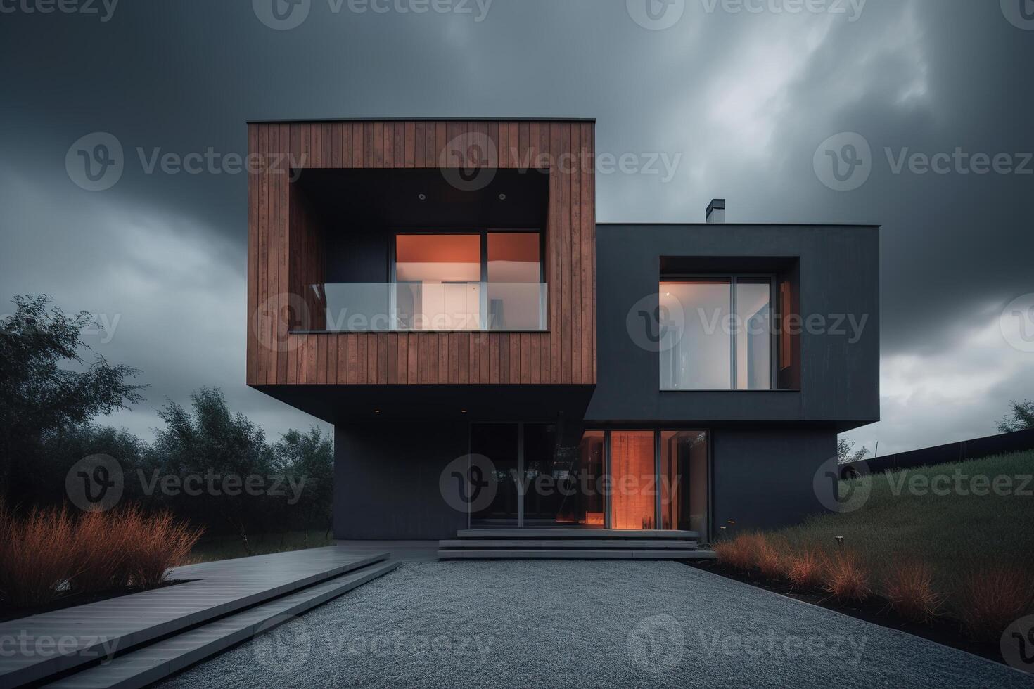 AI generated Modern minimalist modular house in the evening, front view exterior. Generative AI photo