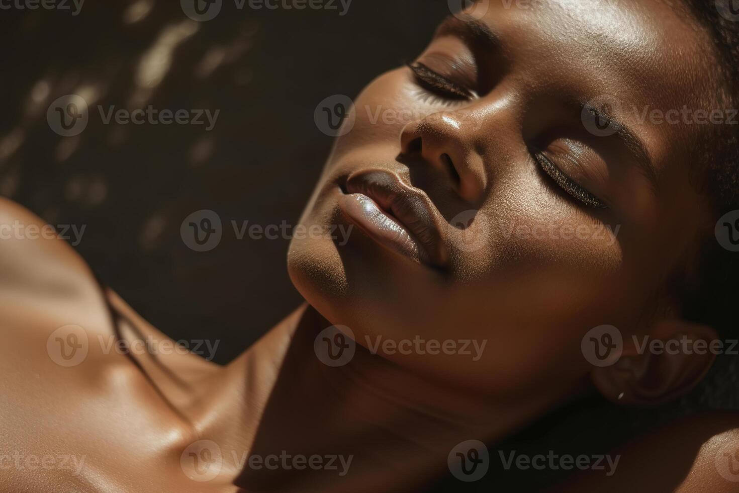 AI generated Close-up of pretty topless black woman relaxing on sunny day. Beautiful African American model with closed eyes enjoying vacation, sunbathing. Generative AI photo