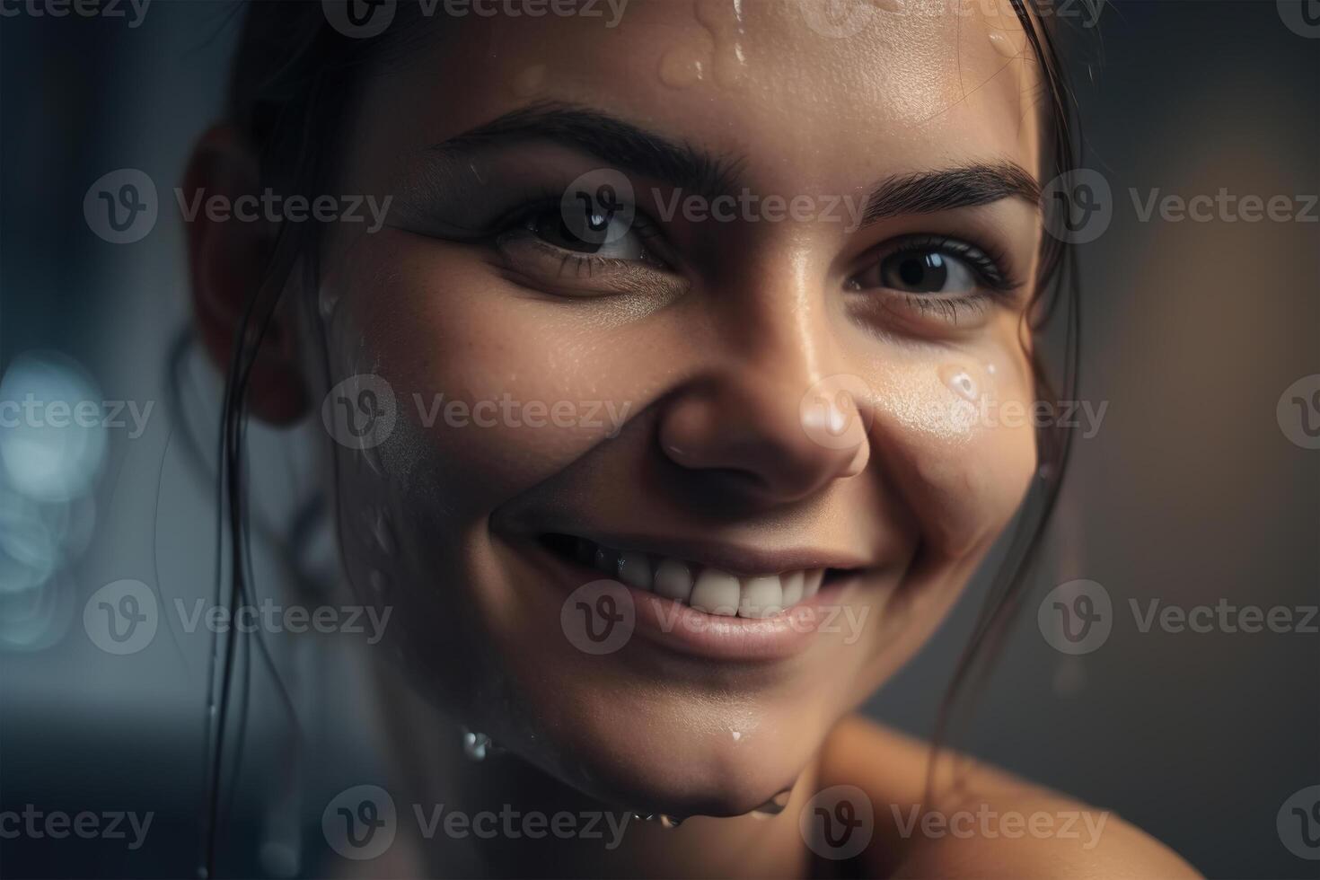 AI generated Portrait of happy beautiful young caucasian woman in bathroom after shower looking at camera. Close-up wet face of a smiling woman, Generative AI photo