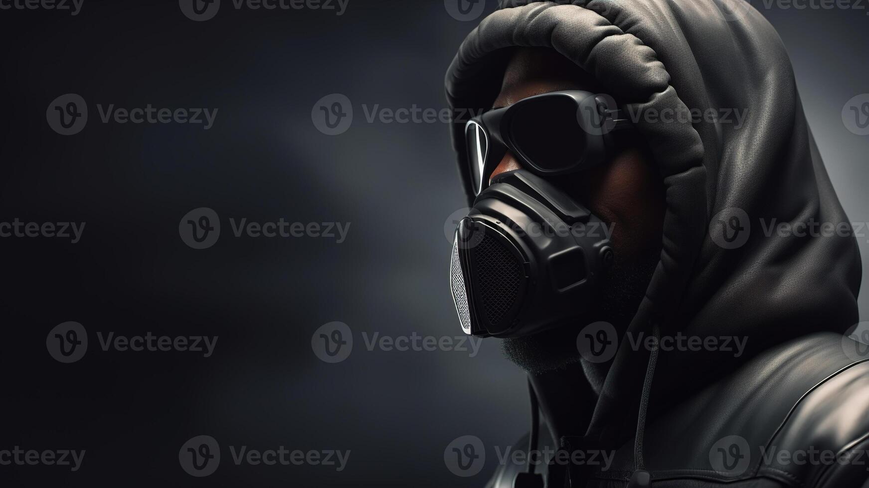 AI generated Black male model in glasses, respirator and hooded jacket on dark foggy background with copy space. Modern creative post-apocalyptic fashion concept. Generative AI photo