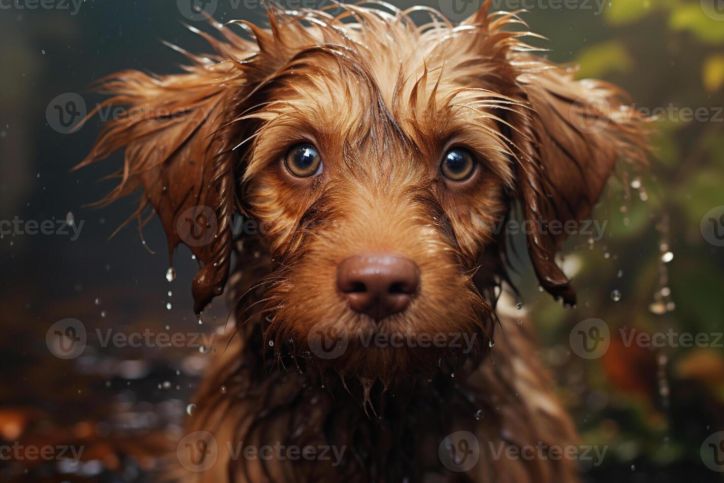 ai generado retrato de un abandonado solitario triste perro en el calle. mojado Vagabundo mascota en un lluvioso día foto