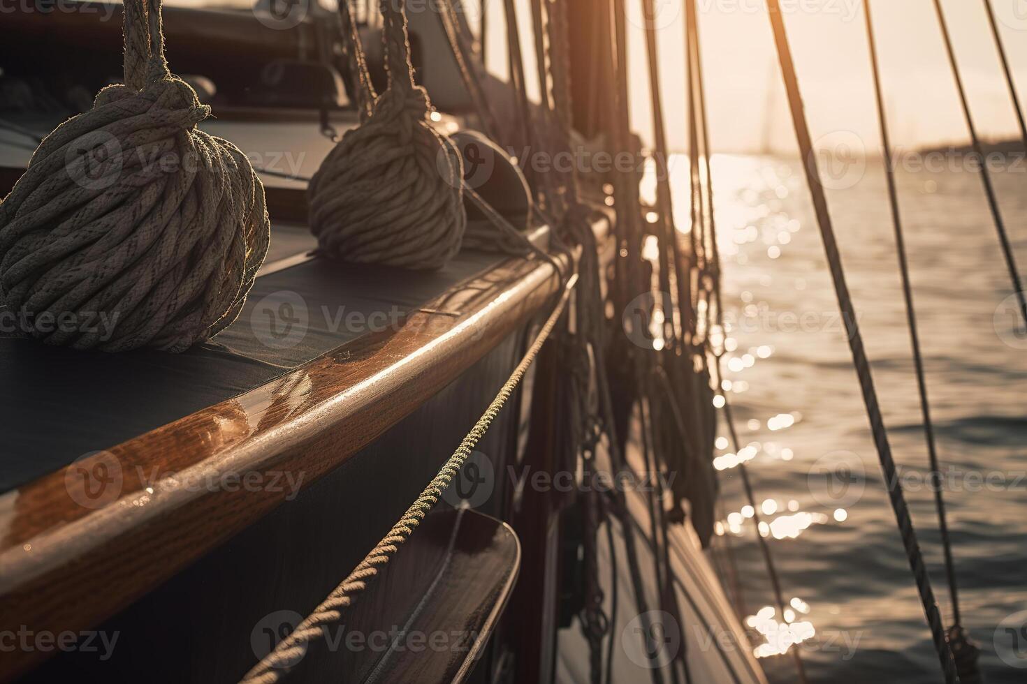 AI generated Sailing yacht on the water on a sunny evening close-up, selective focus. Yachting, sea adventure, seafaring concept. Generative AI photo