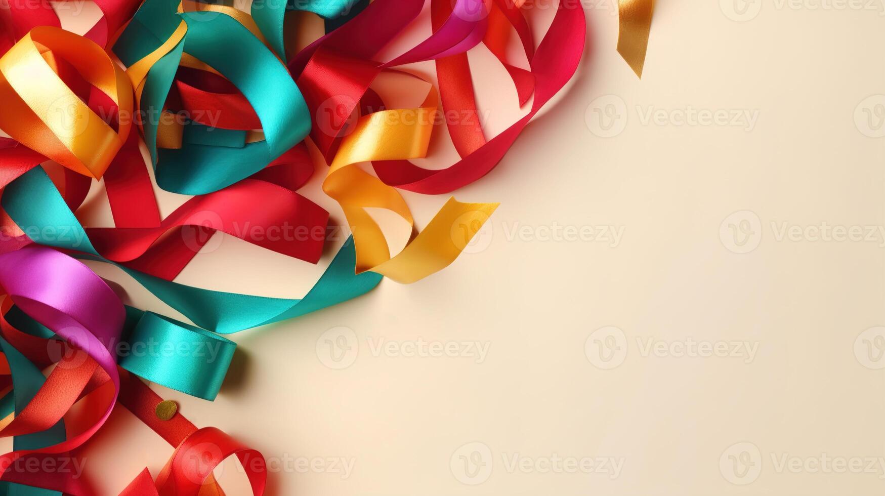 AI generated Festive background with copy space. Top view multicolored decorative ribbons on light beige background with empty space for text. Generative AI photo