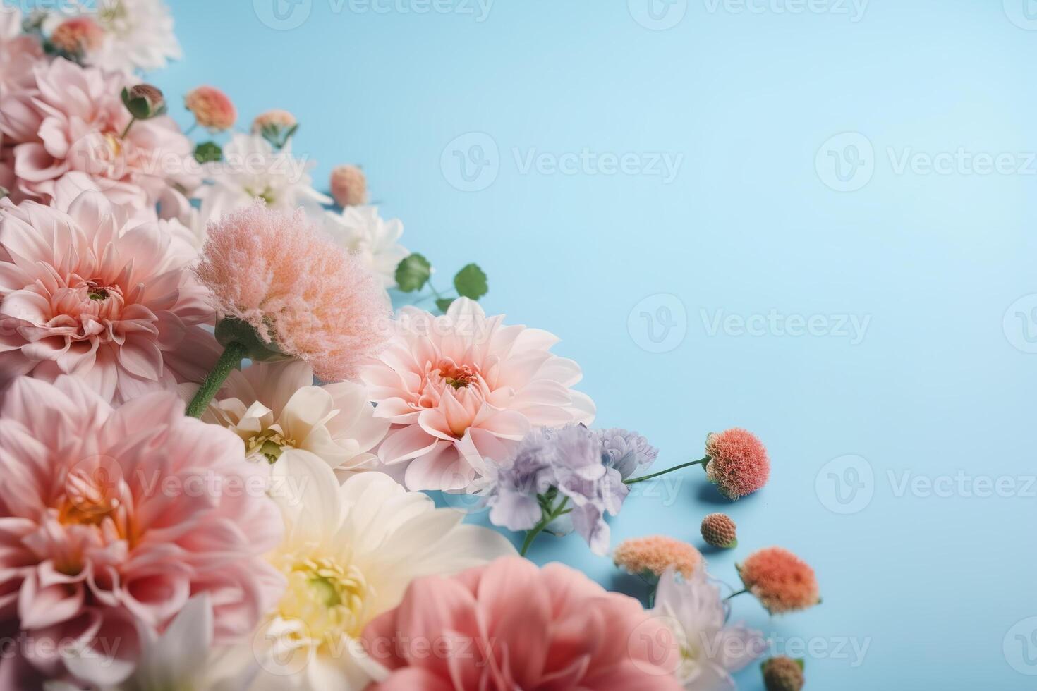 AI generated Spring time, Bouquet of beautiful multi-colored fresh flowers on a blue background. Generative AI photo