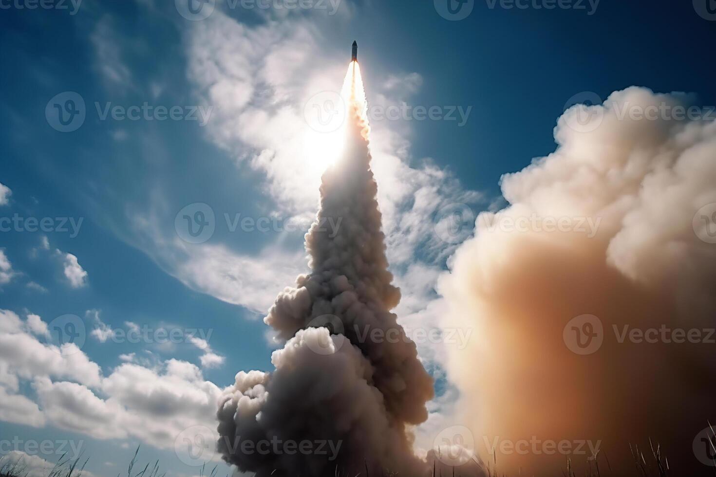 AI generated Rocket taking off into the sky. Launched space ship or weapon. Generative AI photo