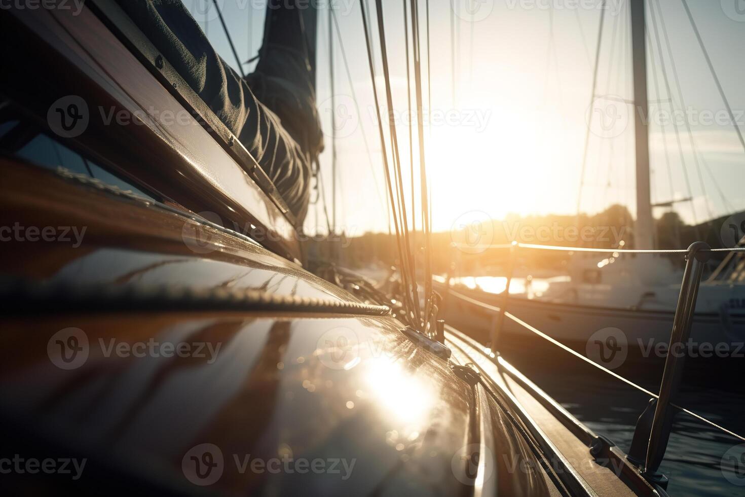 AI generated Sailing yacht in parking lot of pier on sunny evening, close-up. Board of sea ship, selective focus. Generative AI photo