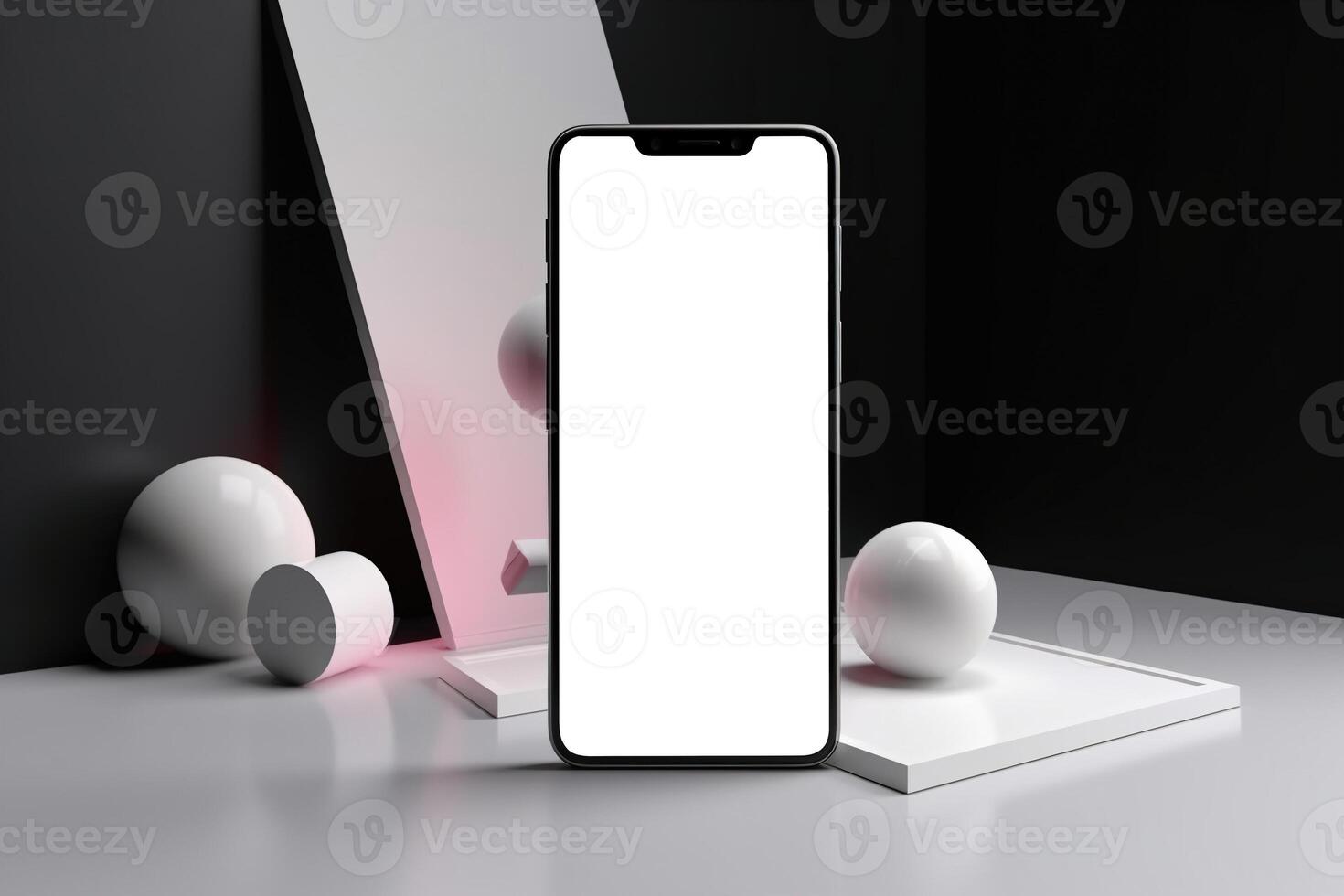 AI generated Modern smartphone mockup. Mobile phone with blank white screen standing on geometric gray background, front view. Generative AI photo