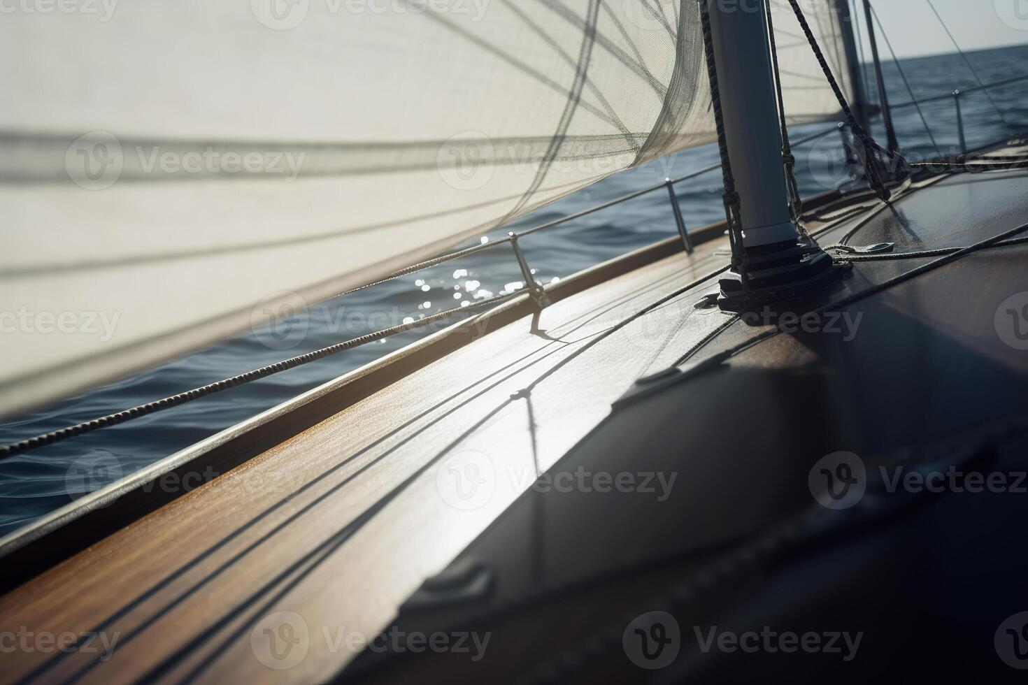 AI generated Sailing yacht on the water on a sunny day close-up, selective focus. Yachting, outdoor activities, seafaring concept. Generative AI photo