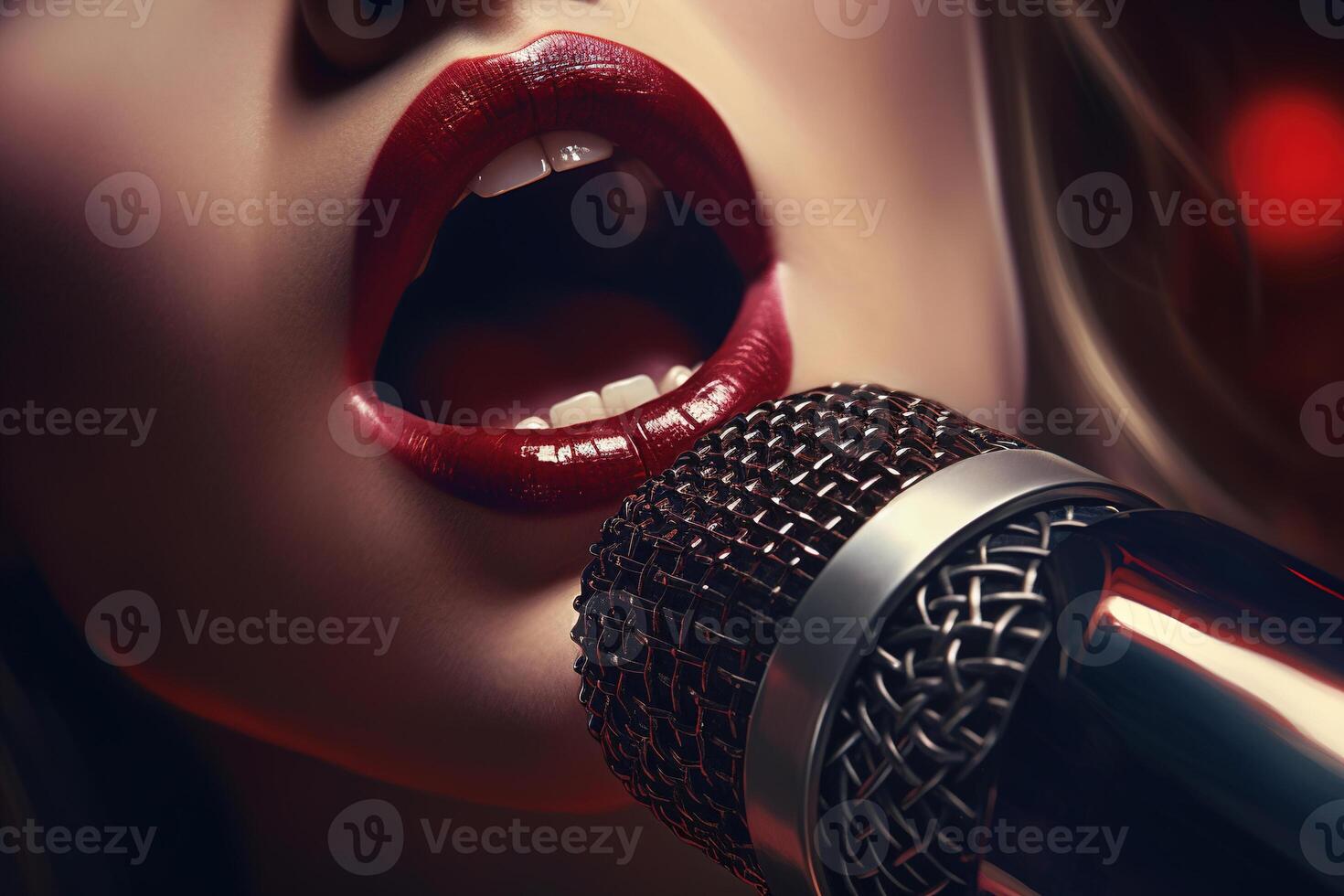 ai generado de cerca de hembra cantante músico ejecutando a concierto, espectáculo o karaoke caucásico boca y rojo sexy labios canto canción dentro micrófono. generativo ai foto