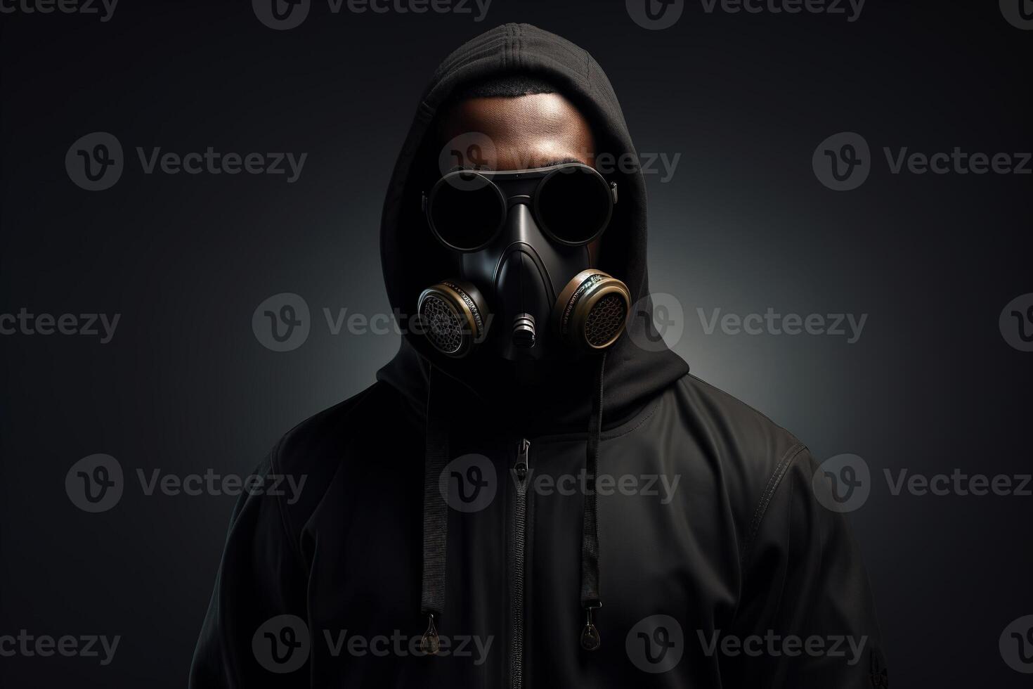 AI generated Modern creative post-apocalyptic fashion concept. Front view of black stylish male model in glasses, gas mask and hooded hoodie on dark background. Generative AI photo