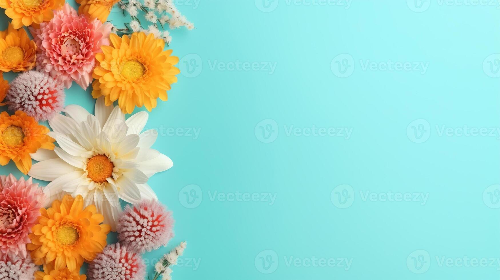 AI generated Flat lay beautiful flowers on festive blue background, romantic floral backdrop with copy space. Generative AI photo