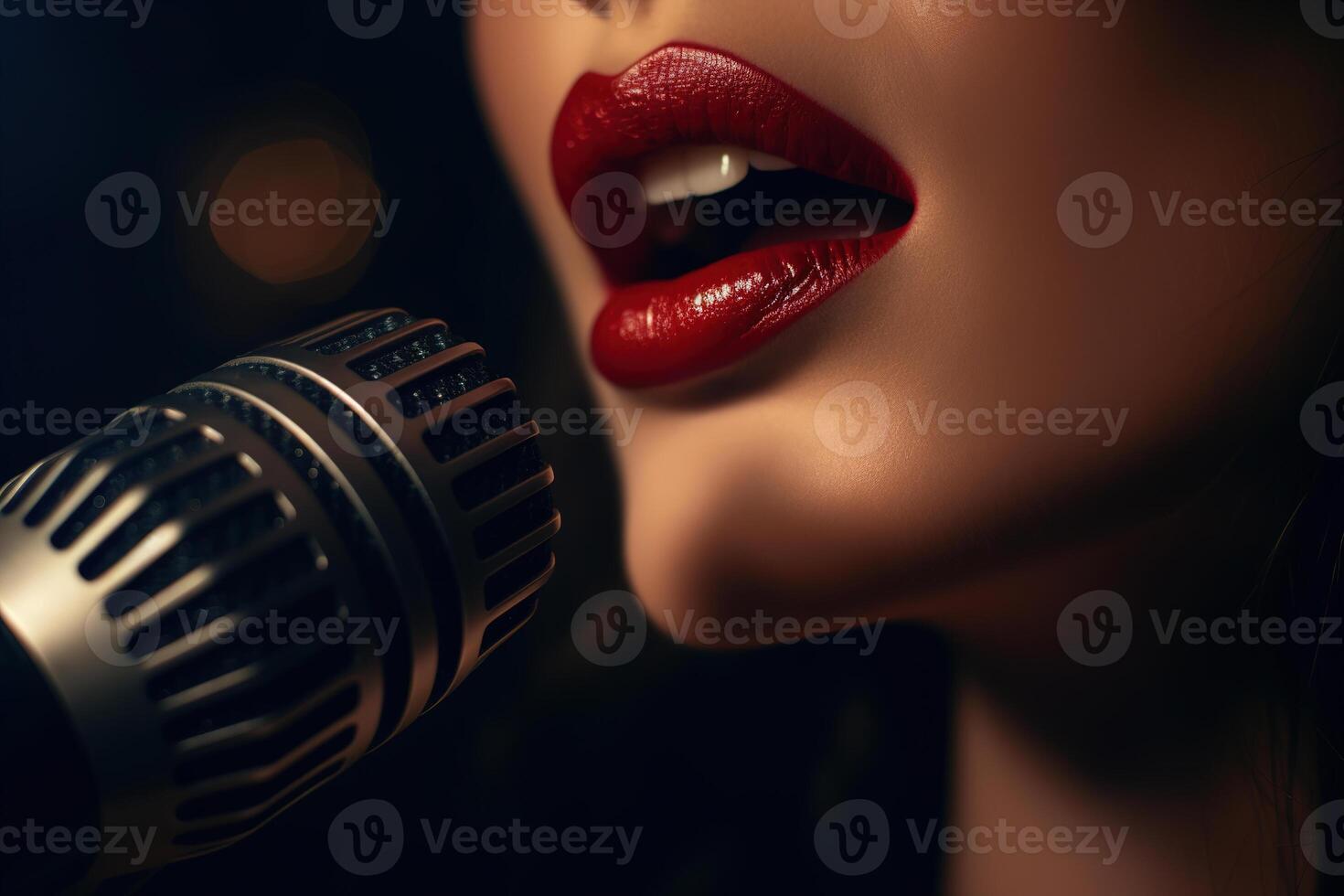 AI generated Singer musician performing at a concert, show or karaoke. Female mouth and red lips singing a song into a microphone. Close-up, side view. Generative AI photo