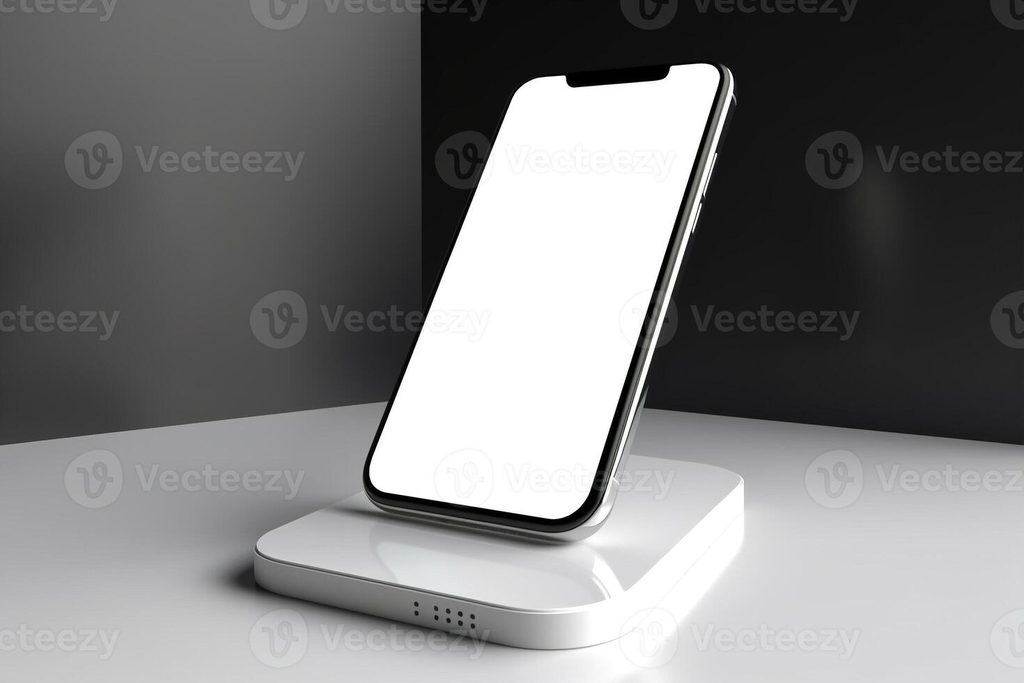 AI generated Modern smartphone mockup levitating on a gray podium. Generative AI photo