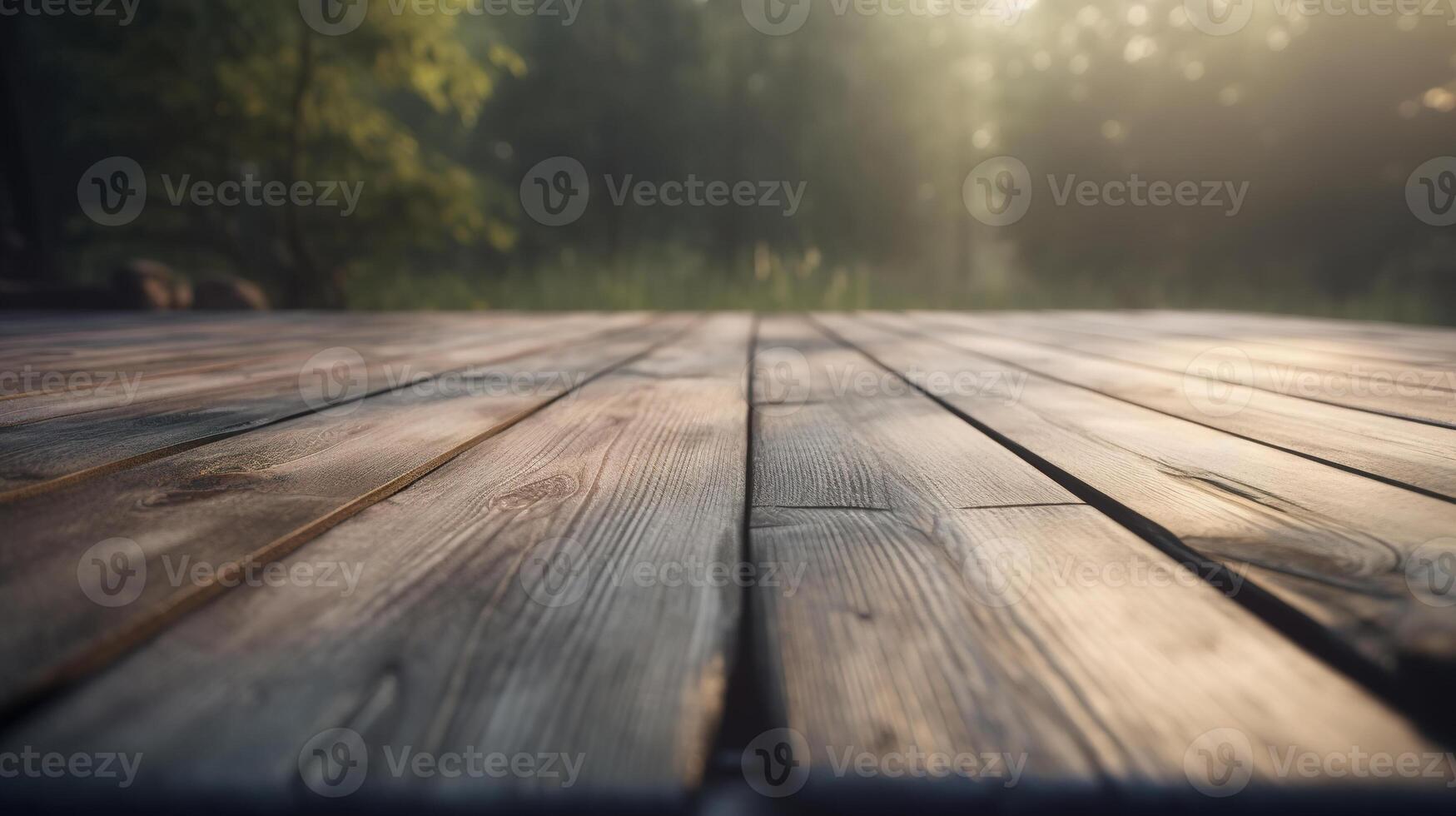 AI generated Wooden podium from boards for product advertising, sunny day in forest outdoors. Close-up, low angle view, selective focus. Generative AI photo