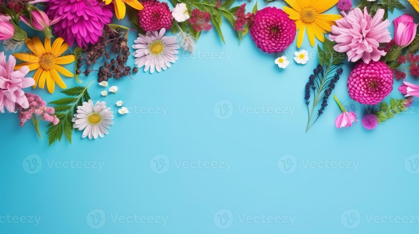 AI generated Flat lay beautiful flowers frame on festive blue background, romantic floral backdrop with copy space. Generative AI photo