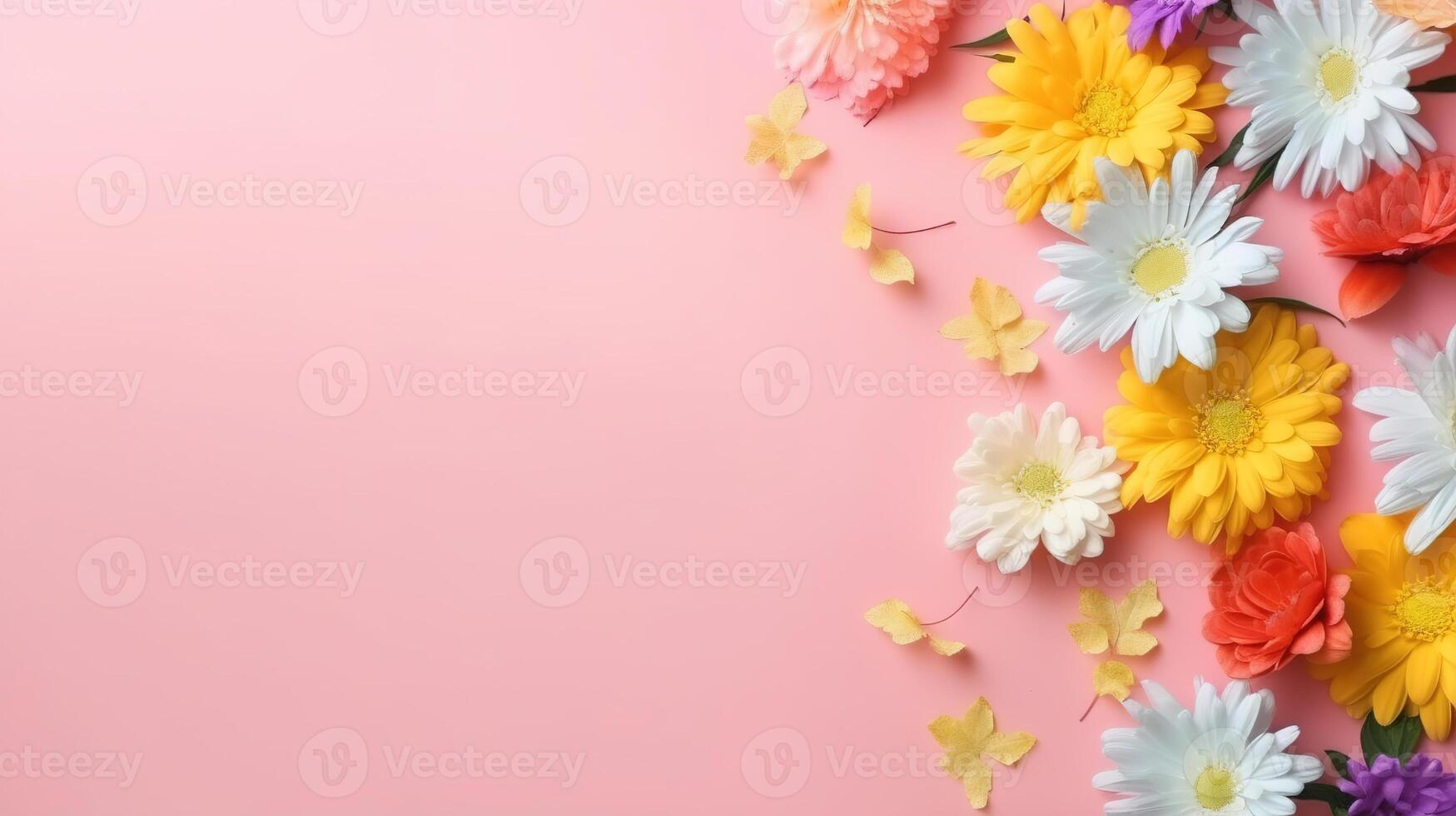 AI generated Romantic floral backdrop with copy space. Chamomile and daisy flowers on a pink background, flat lay. Generative AI photo
