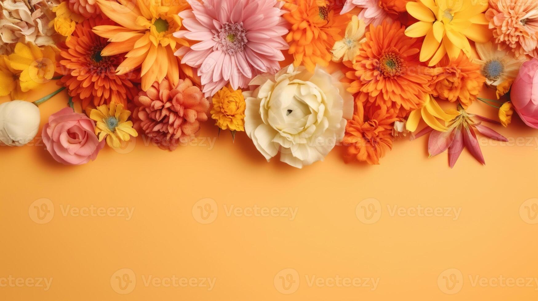 AI generated Celebration floral backdrop with copy space, colorful bouquet of beautiful multicolored flowers on yellow background from above. Generative AI photo